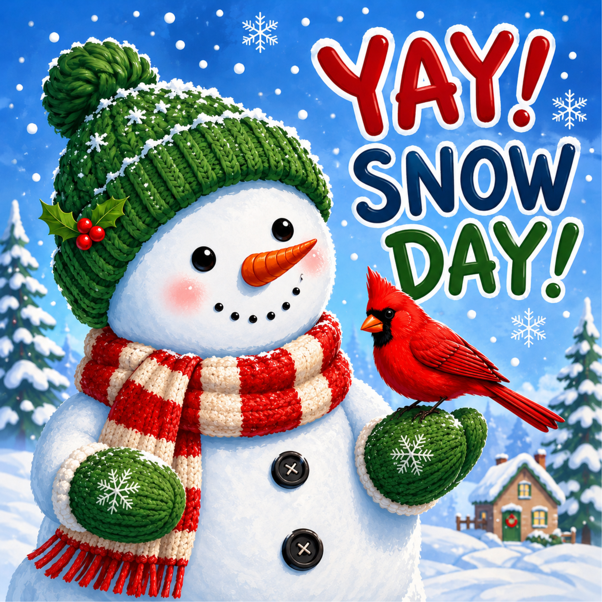 Yay Its A Snow Day Snowman and Cardinal, wreath attachment, sign or door hanger