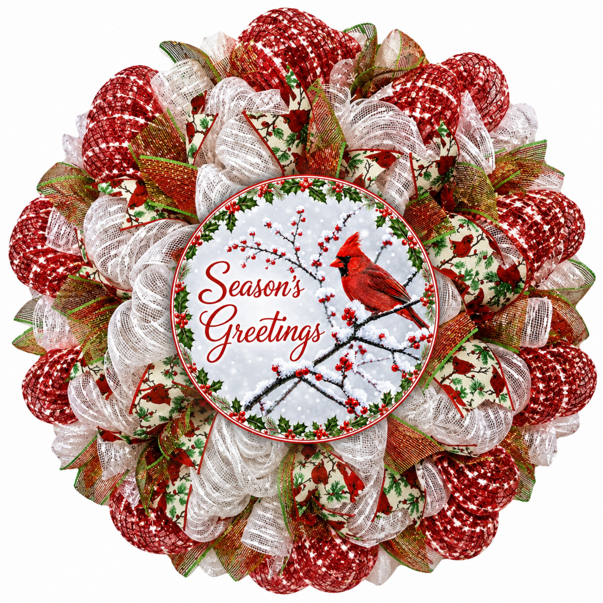 Seasons Greetings Cardinal Handmade Deco Mesh Holiday Wreath