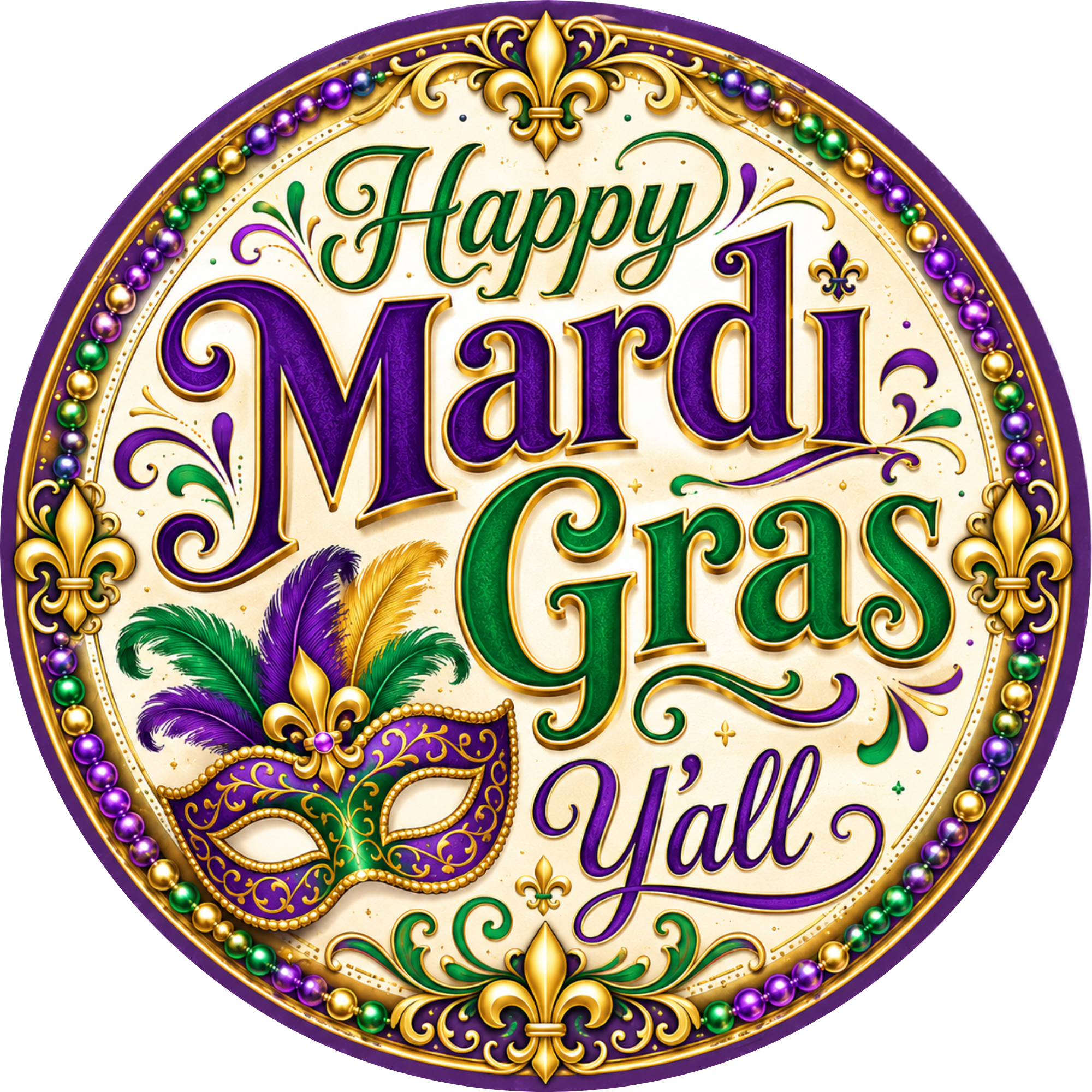 Elegant Happy Mardi Gras Y'all Sign, Wreath Attachment or Door Hanger