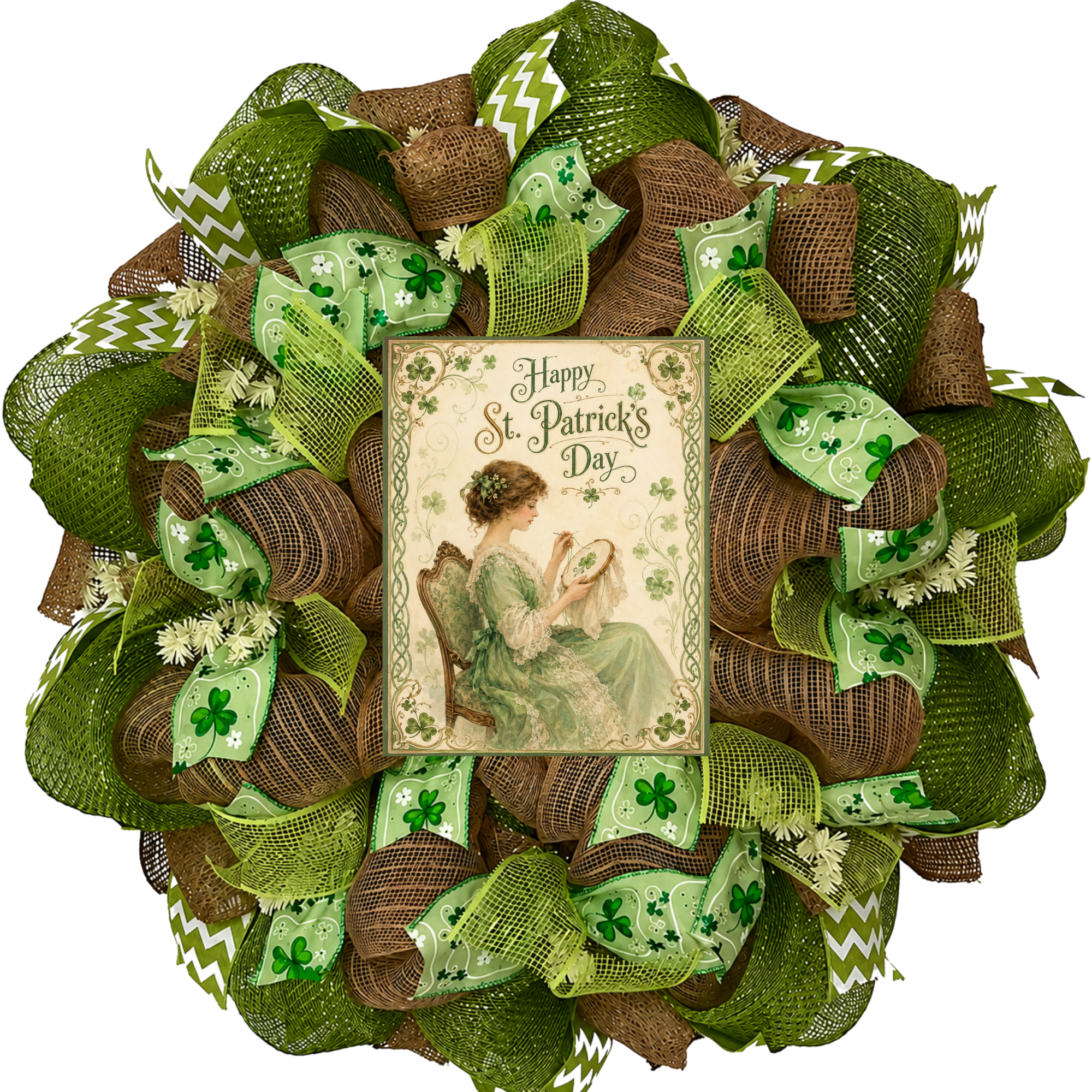 St Patricks Day Vintage Looking Irish Lady Handmade Deco Mesh Wreath