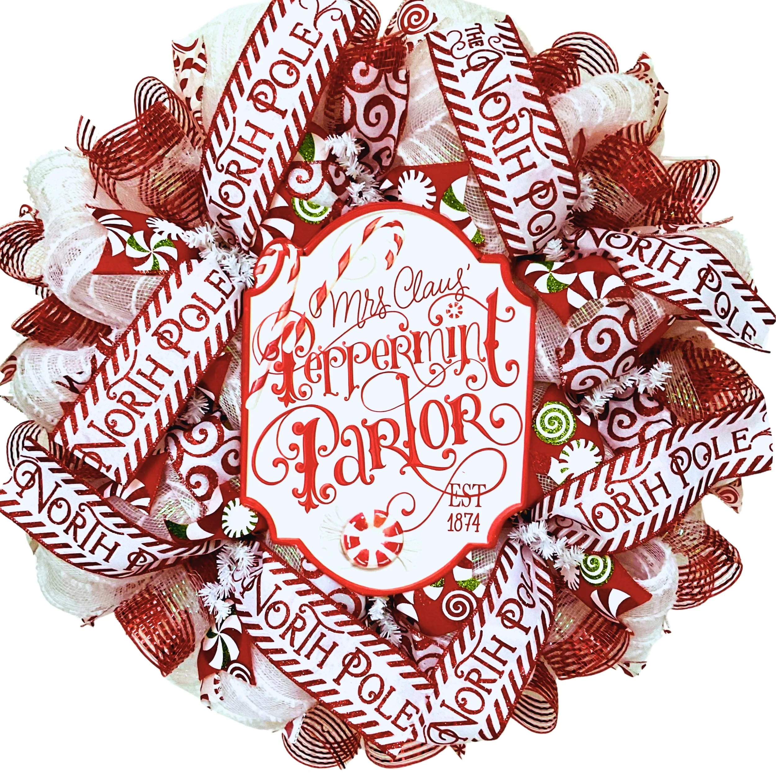 Christmas Wreath Mrs Claus Peppermint Parlor Handmade Deco Mesh