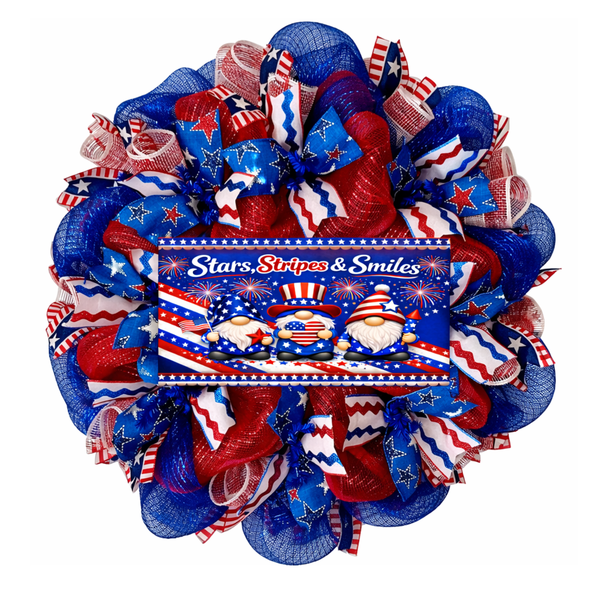 Stars Stripes & Smiles Gnome Patriotic Handmade Deco Mesh Wreath