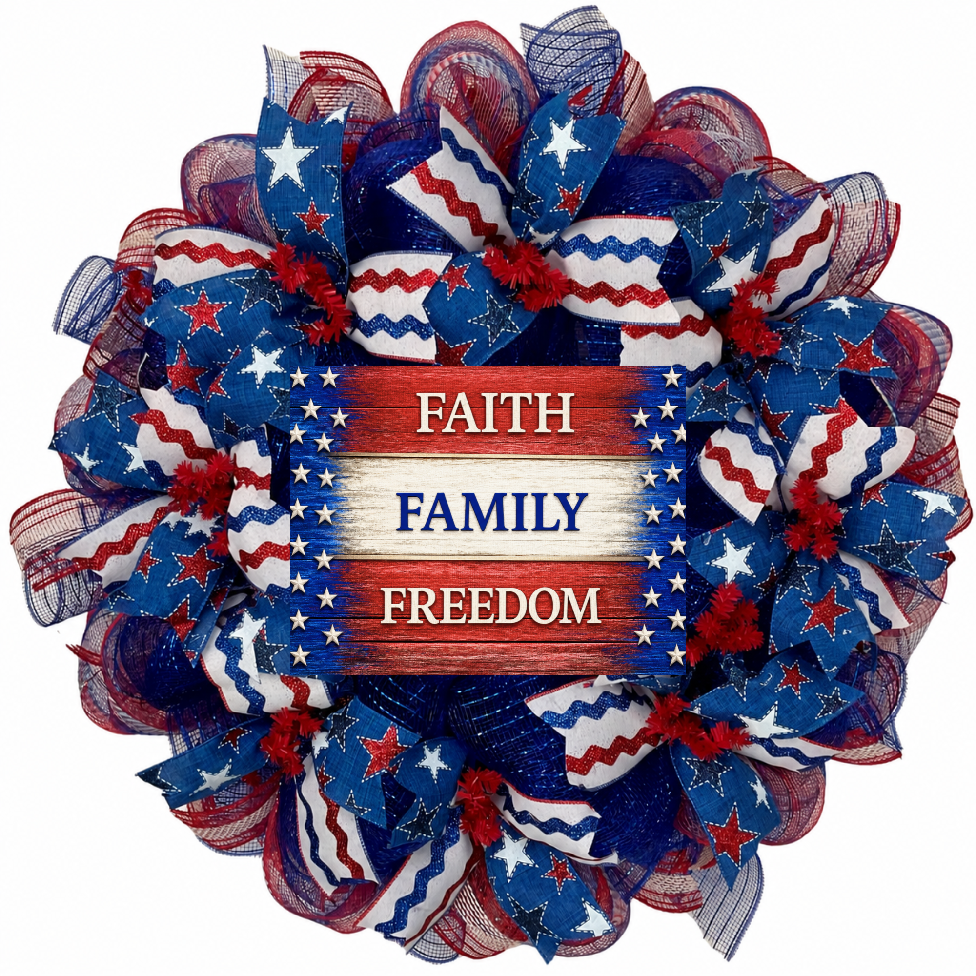 Faith Family Freedom Patriotic  Deco Mesh Wreath Available in 24 inch and 28 inch diameters