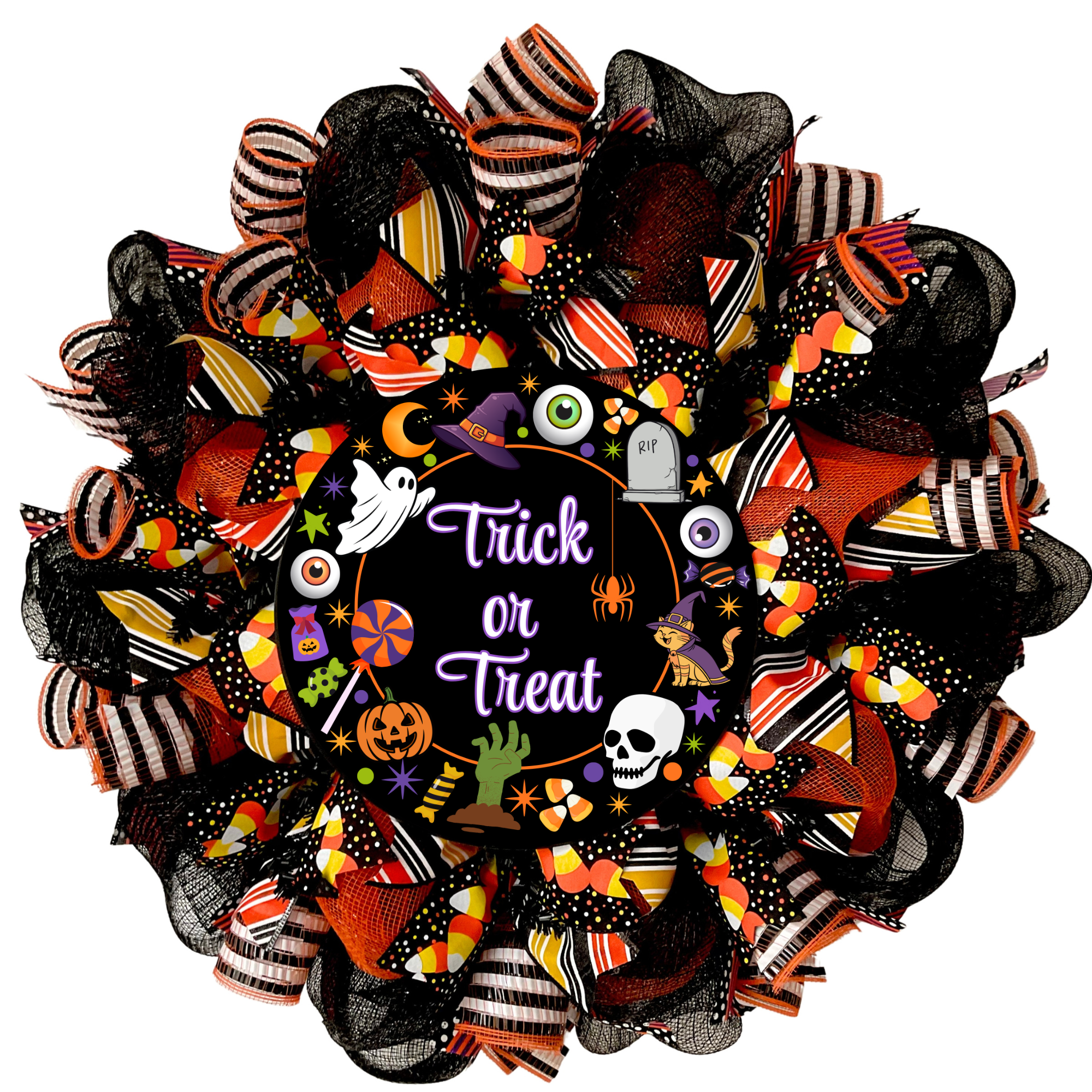 Trick or Treat Halloween Candy Wreath Available in 24 inch and 28 inch diameters