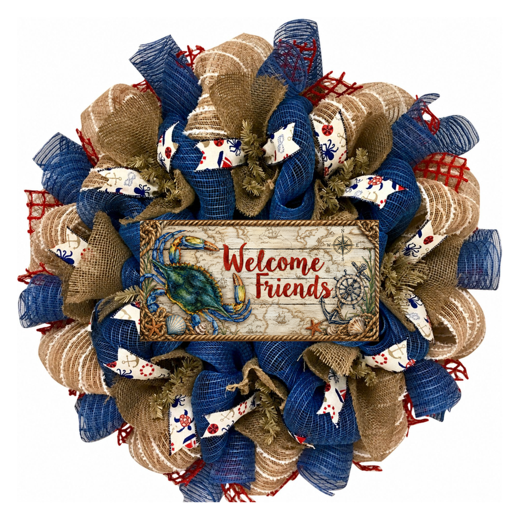 Welcome Friends Nautical Crab Wreath Handmade Deco Mesh