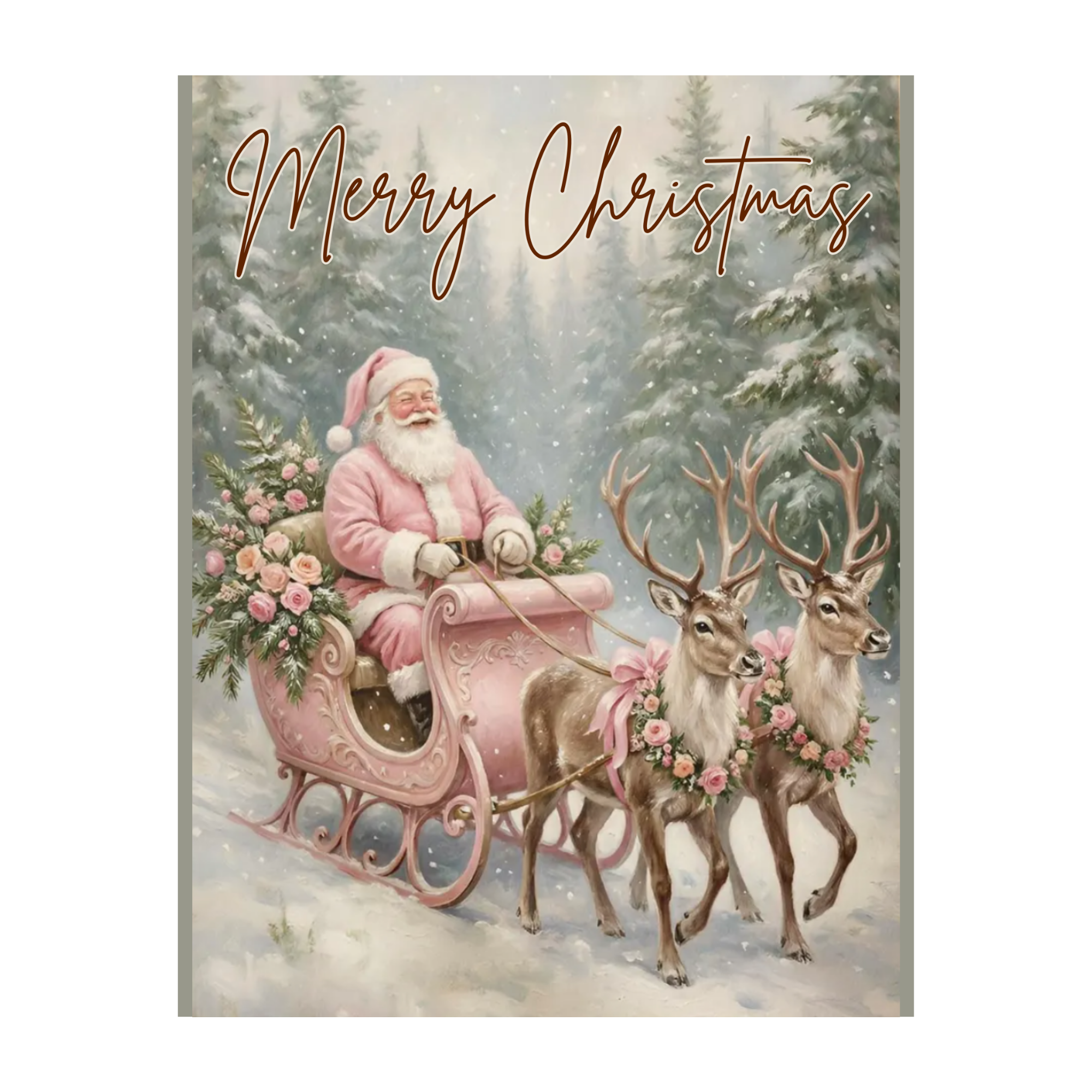 Pink Vintage Santa with Reindeer Sign, Wreath Attachment, Door Hanger