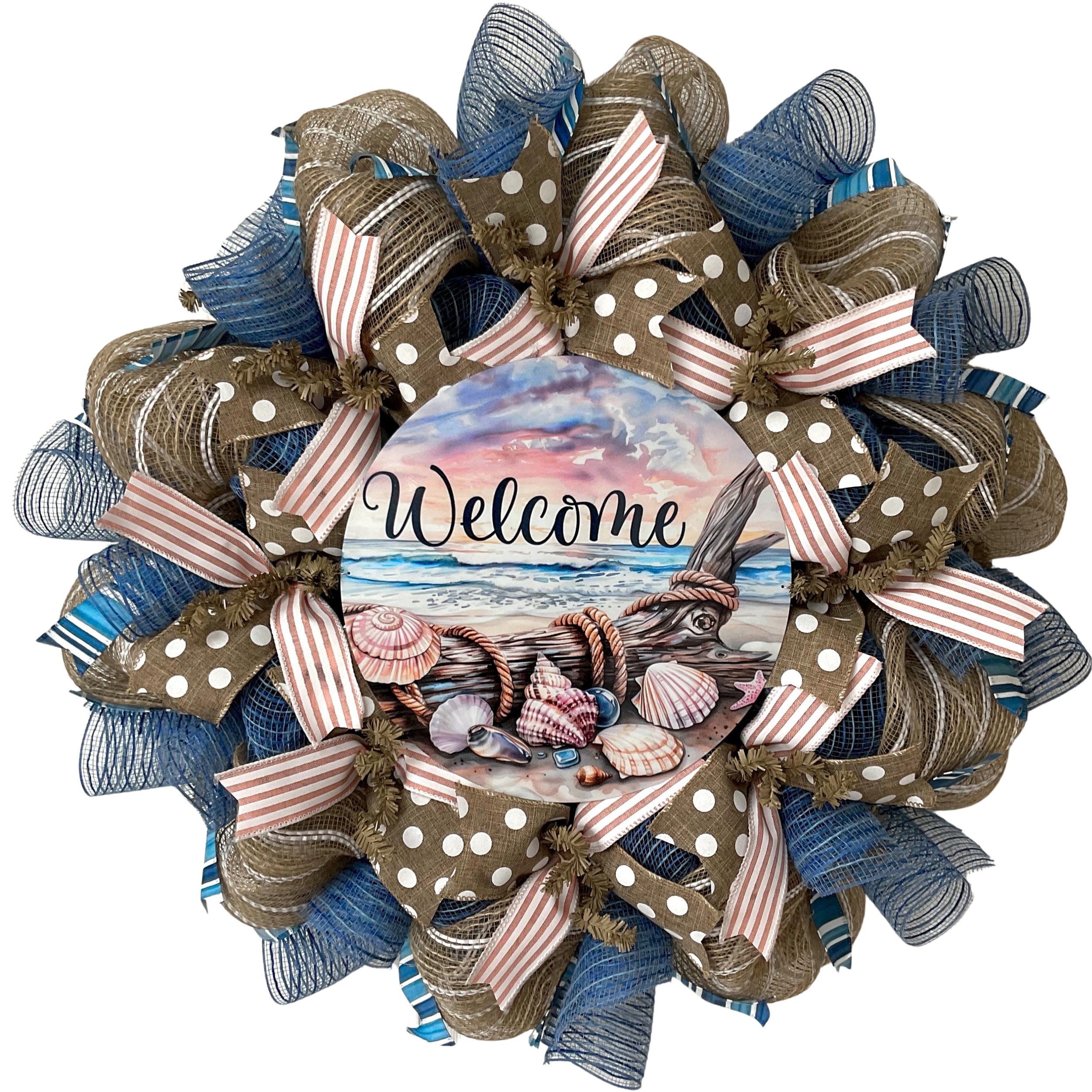 Welcome Seashell Coastal Wreath Available in 24 inch and 28 inch diameters