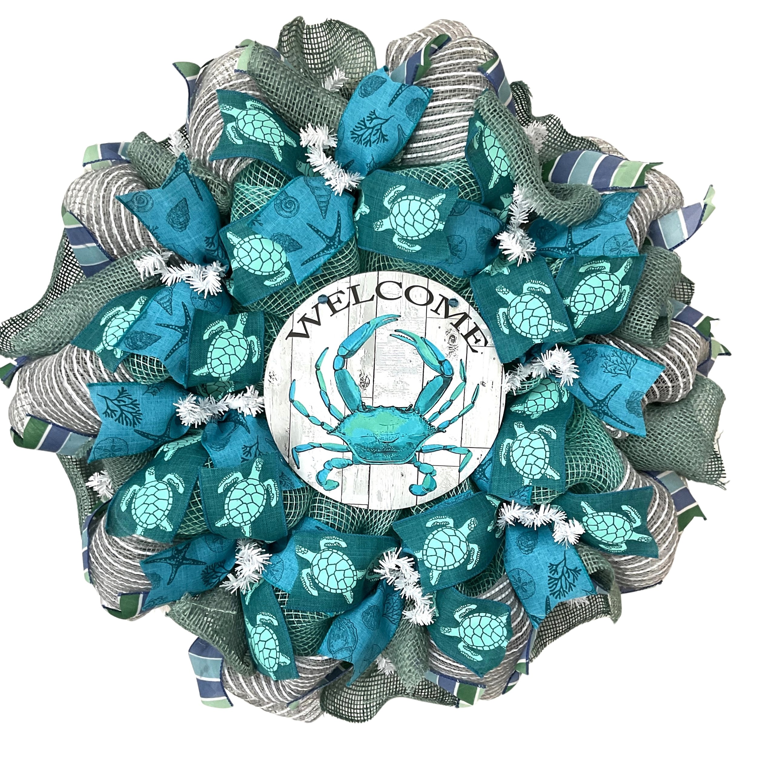 Turquoise Crab Welcome Beach Wreath Handmade Available in 24 and 28 inch diameters