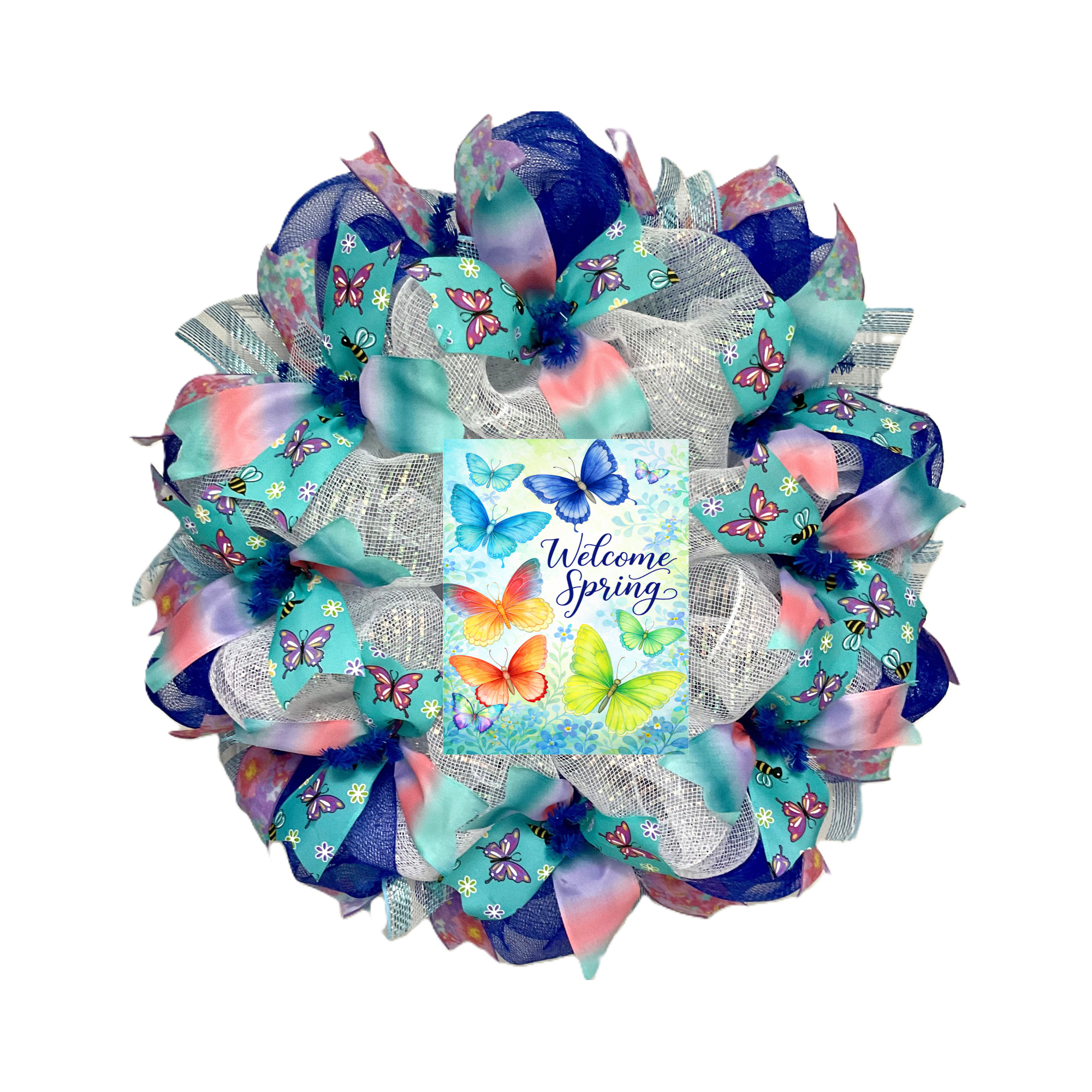 Welcome Spring Butterfly Wreath Handmade Deco Mesh Wreath