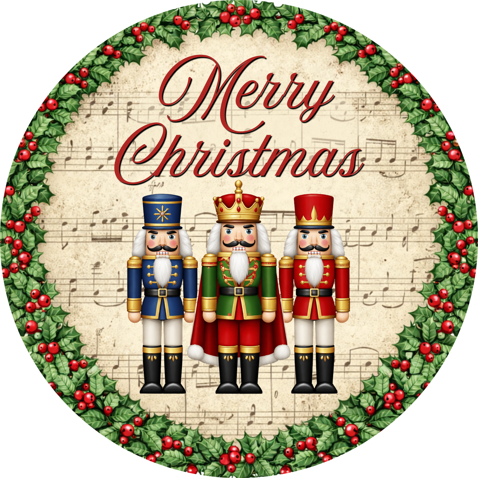 Vintage Inspired Christmas Nutcracker Wall Decor, Round Holiday Sign, Green and Red Musical Theme Door Hanger, Traditional Decorative Wreath Attachment
