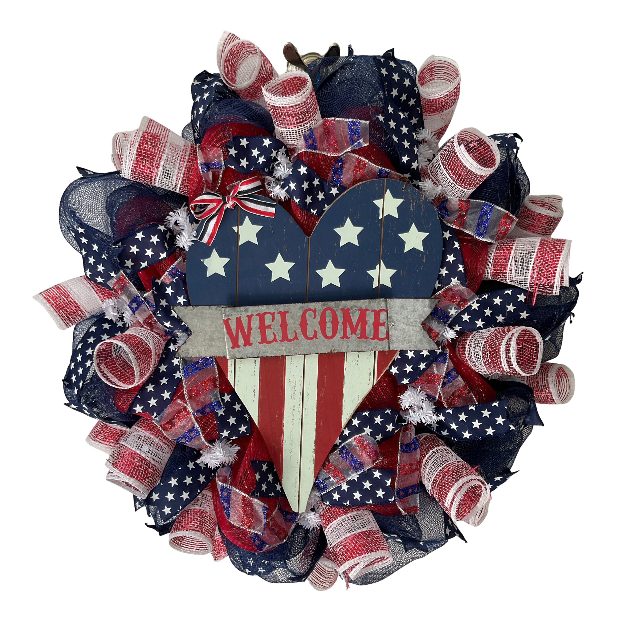 Patriotic Heart Handmade Deco Mesh Wreath 24 inch and 28 inch diameters