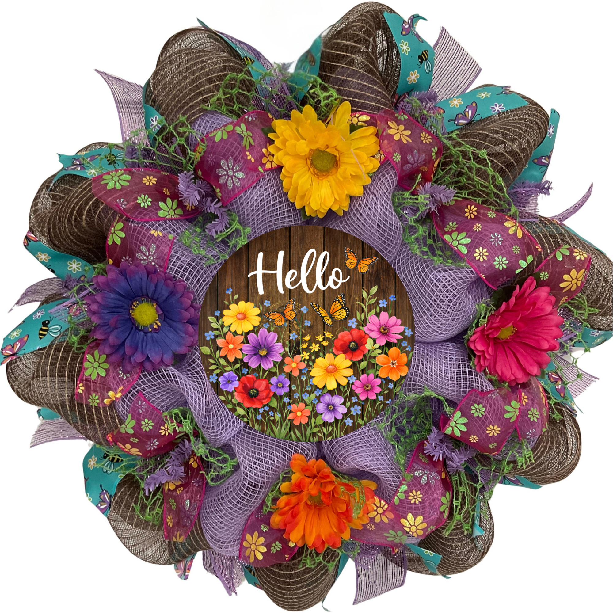 Hello Floral Wreath Handmade Deco Mesh