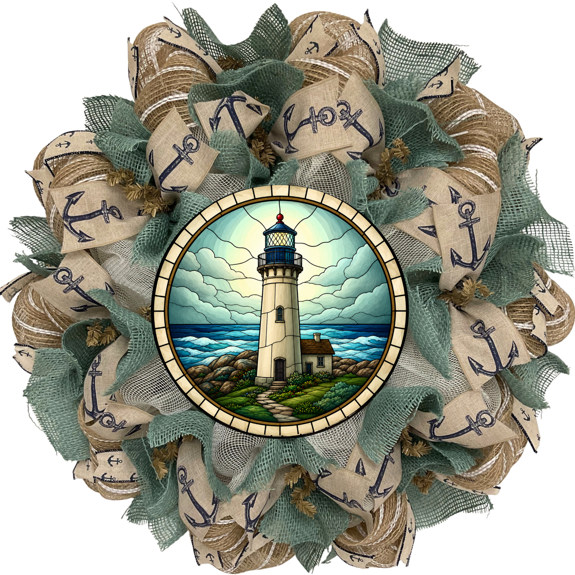 Nautical Turquoise Lighthouse with Mosaic Look Wreath Available in 24 or 28 inch diameters
