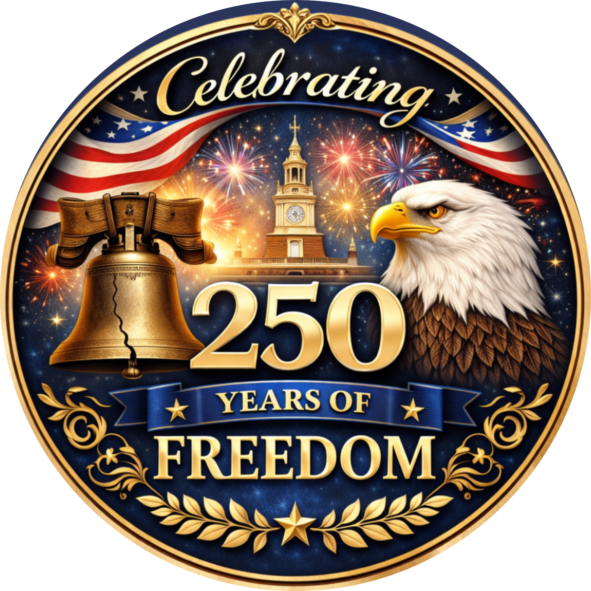 Celebrating 250 Years of Freedom Gold and Black Patriotic Wreath Attachment, Sign or Door Hanger