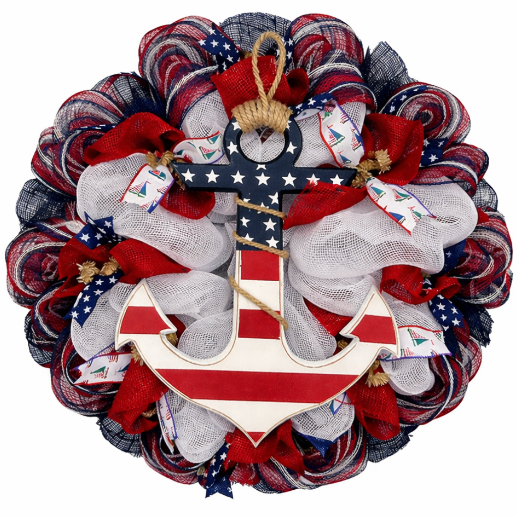 Patriotic Anchor Handmade Deco Mesh Wreath