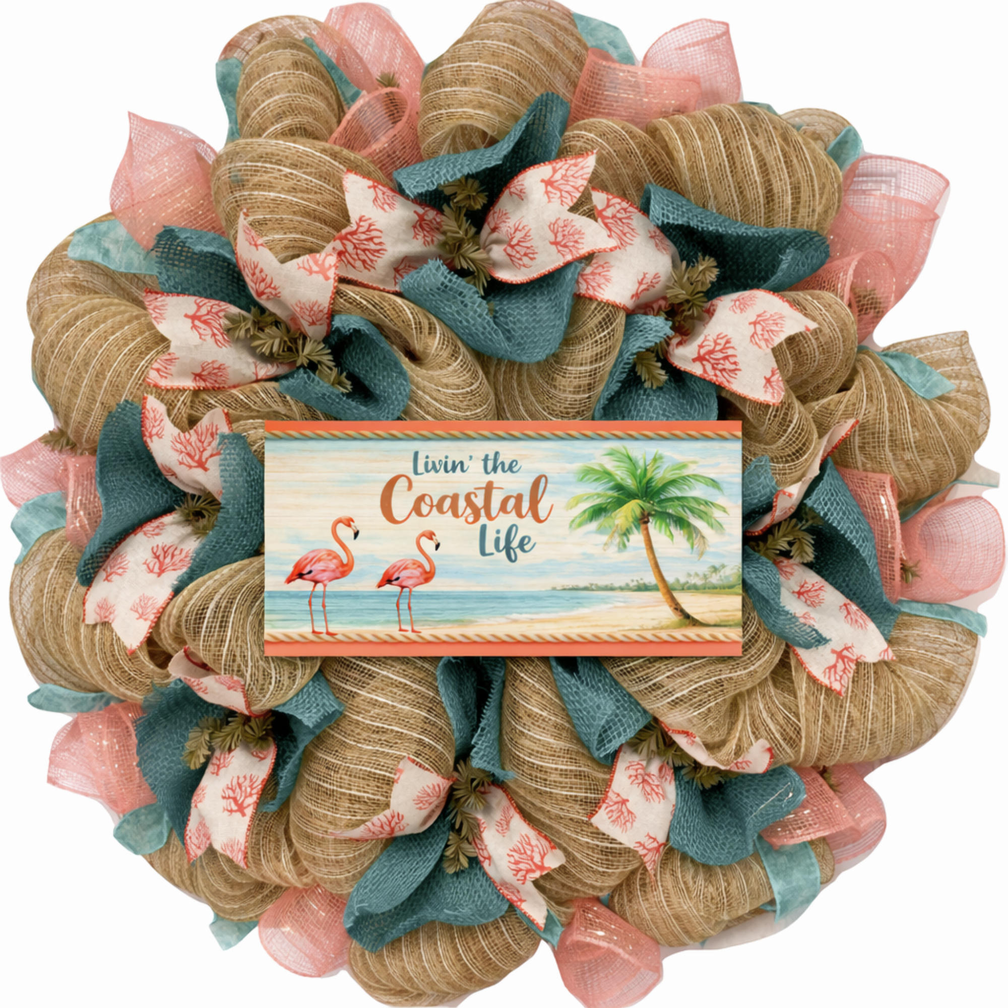 Livin' the Coastal Life Floridian Beach Wreath Handmade Deco Mesh With Flamingos