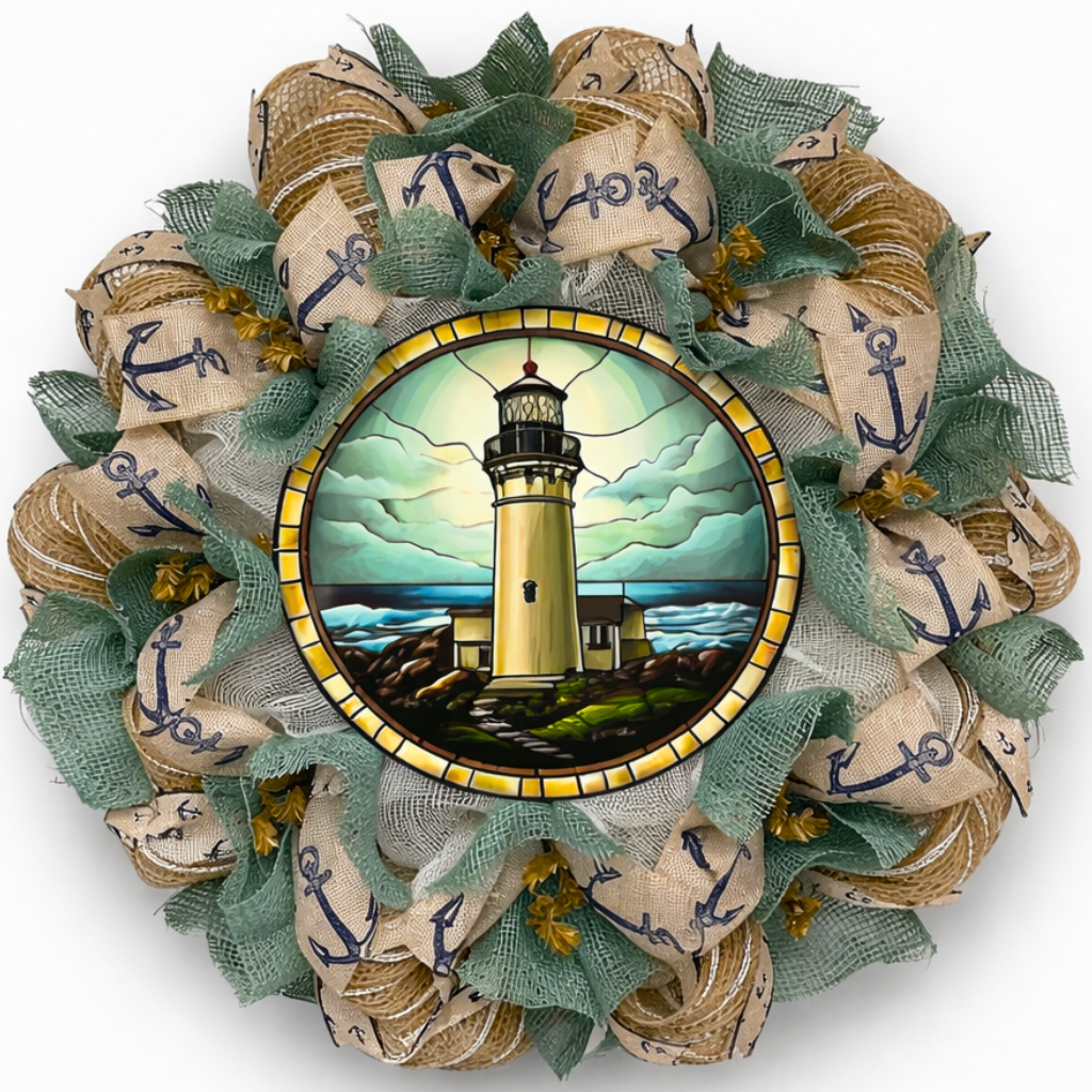 Nautical Turquoise Lighthouse with Mosaic Look Wreath Available in 24 or 28 inch diameters