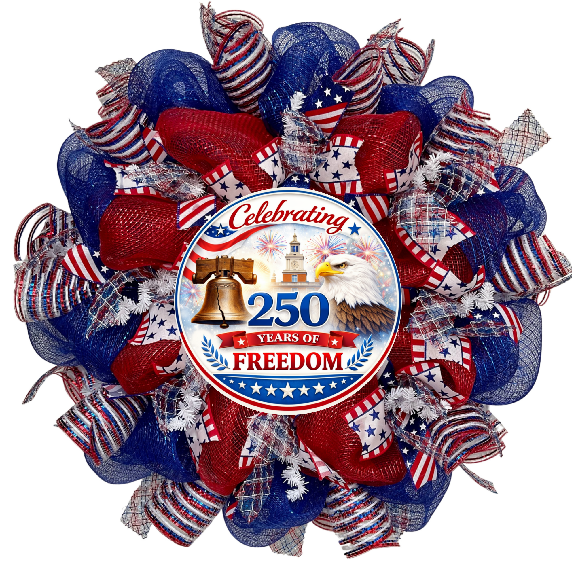 Patriotic Celebrating 250 Years of Freedom Red White and Blue Wreath Handmade Deco Mesh Available in 24 inch and 28 inch diameter