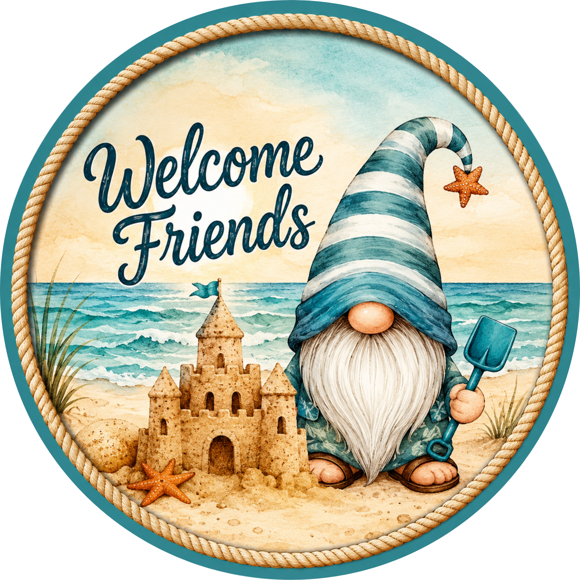 Welcome Friends Beach Gnome Wreath Attachment, Sign or Door Hanger