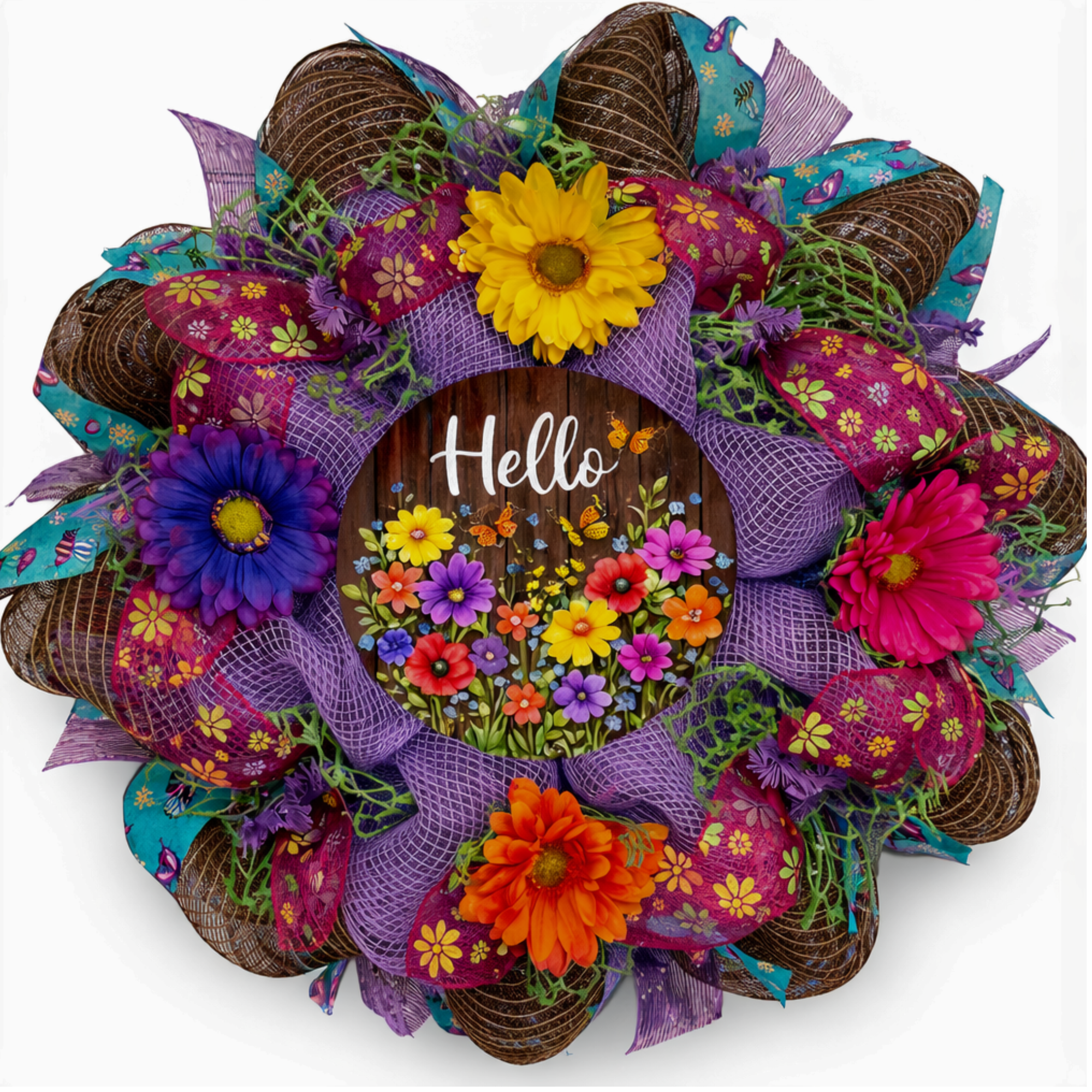 Hello Floral Wreath Handmade Deco Mesh