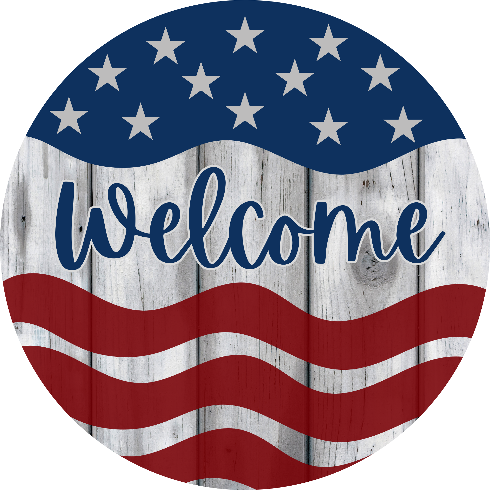 Patriotic Welcome with Stars and Stripes on a Wood Look Background Door Hanger or Sign