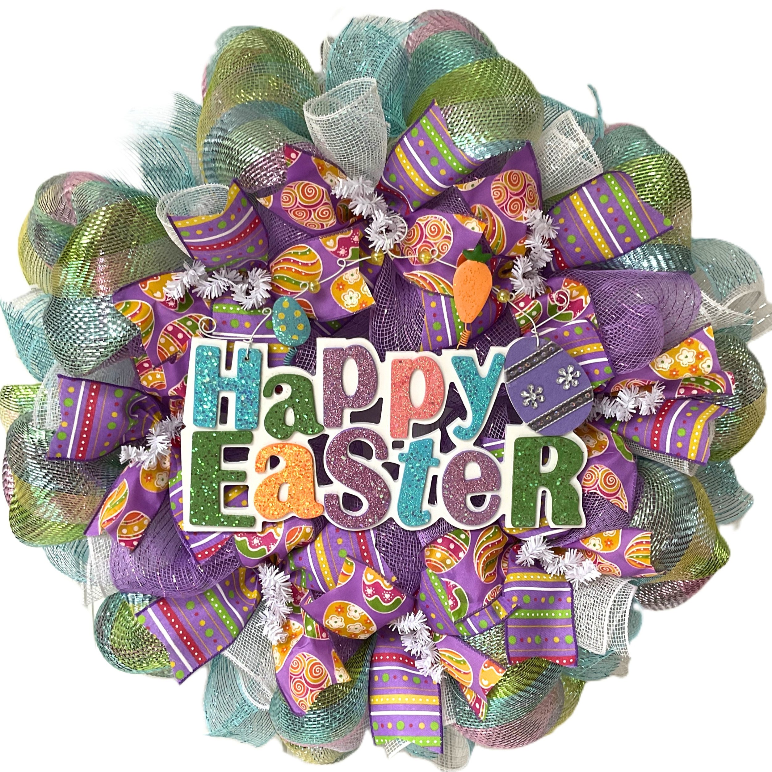 Happy Easter Lavender Wreath With Bunny  Handmade Deco Mesh