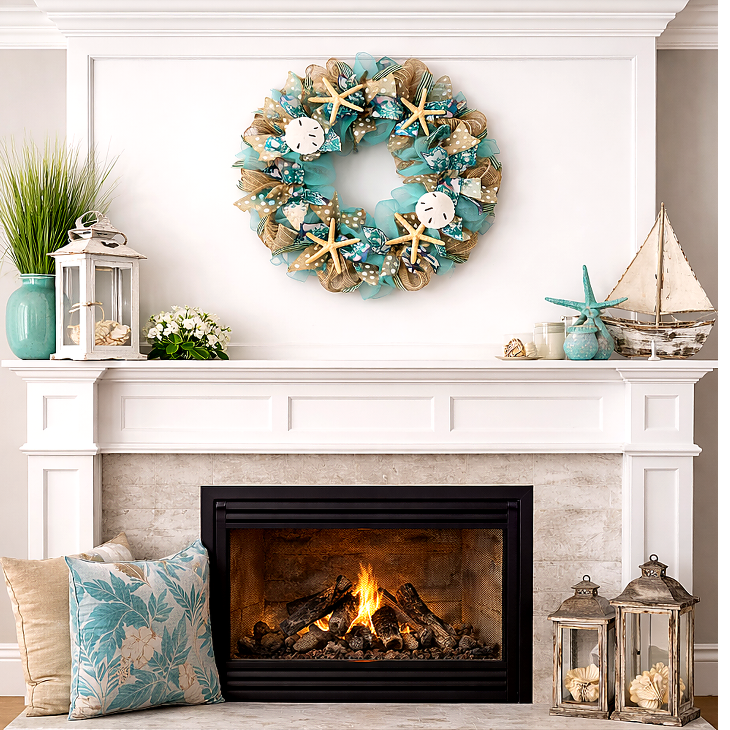 Starfish and Sand Dollar Ribbon Beach Wreath Handmade Deco Mesh 24 inches or 28 inches