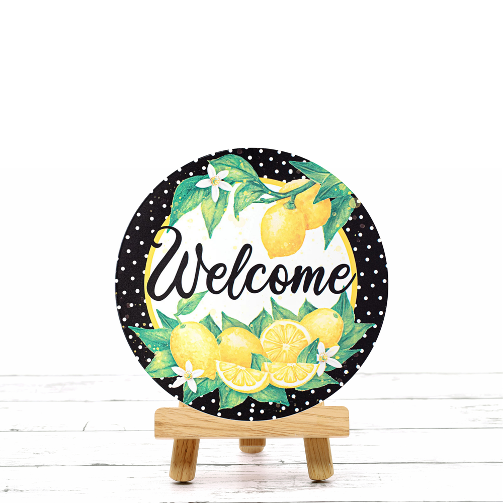 Spring Welcome Lemons with Black and White Polka Dot Background