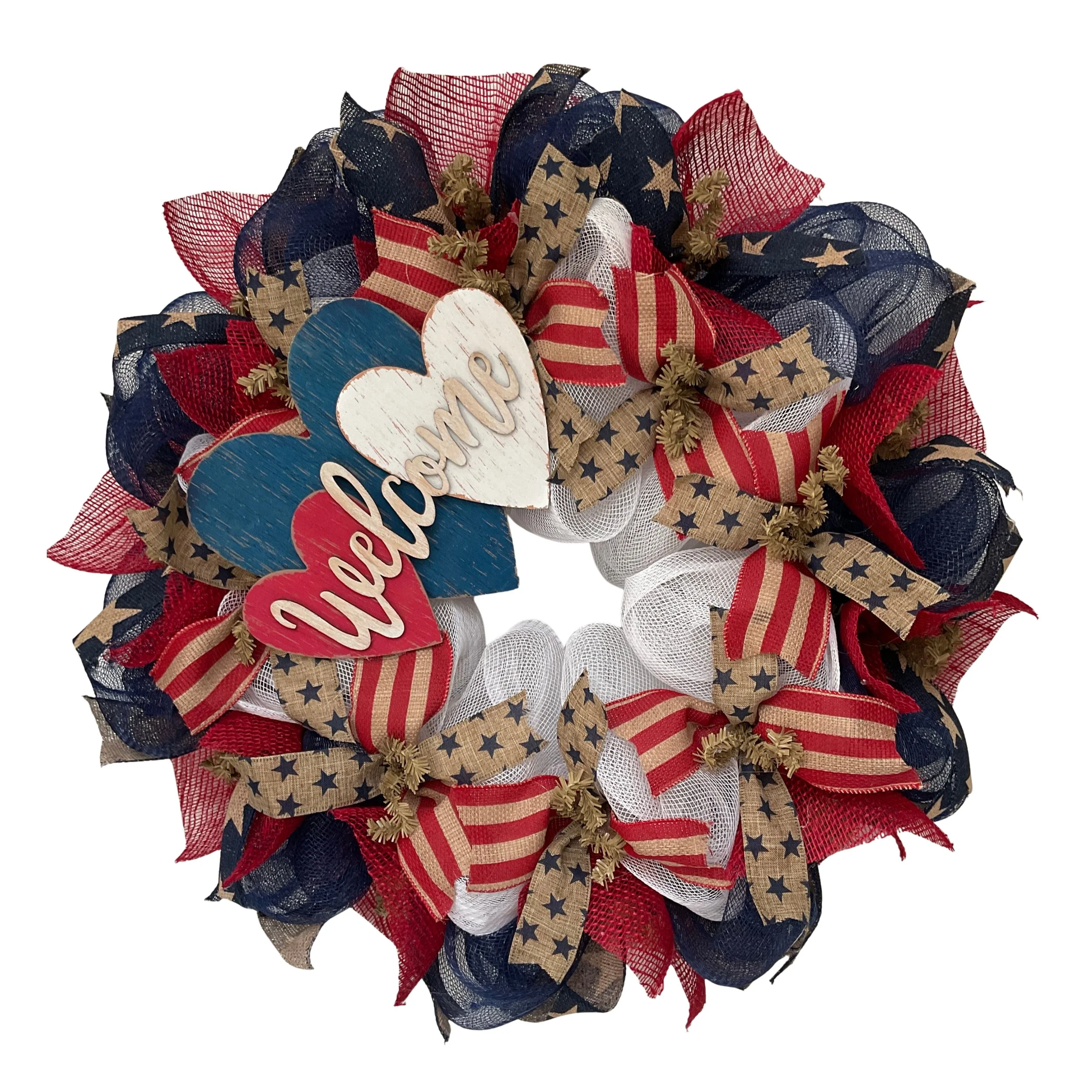 Three Patriotic Hearts Welcome Wreath Handmade Deco Mesh 24 inch or 28 inch diameter