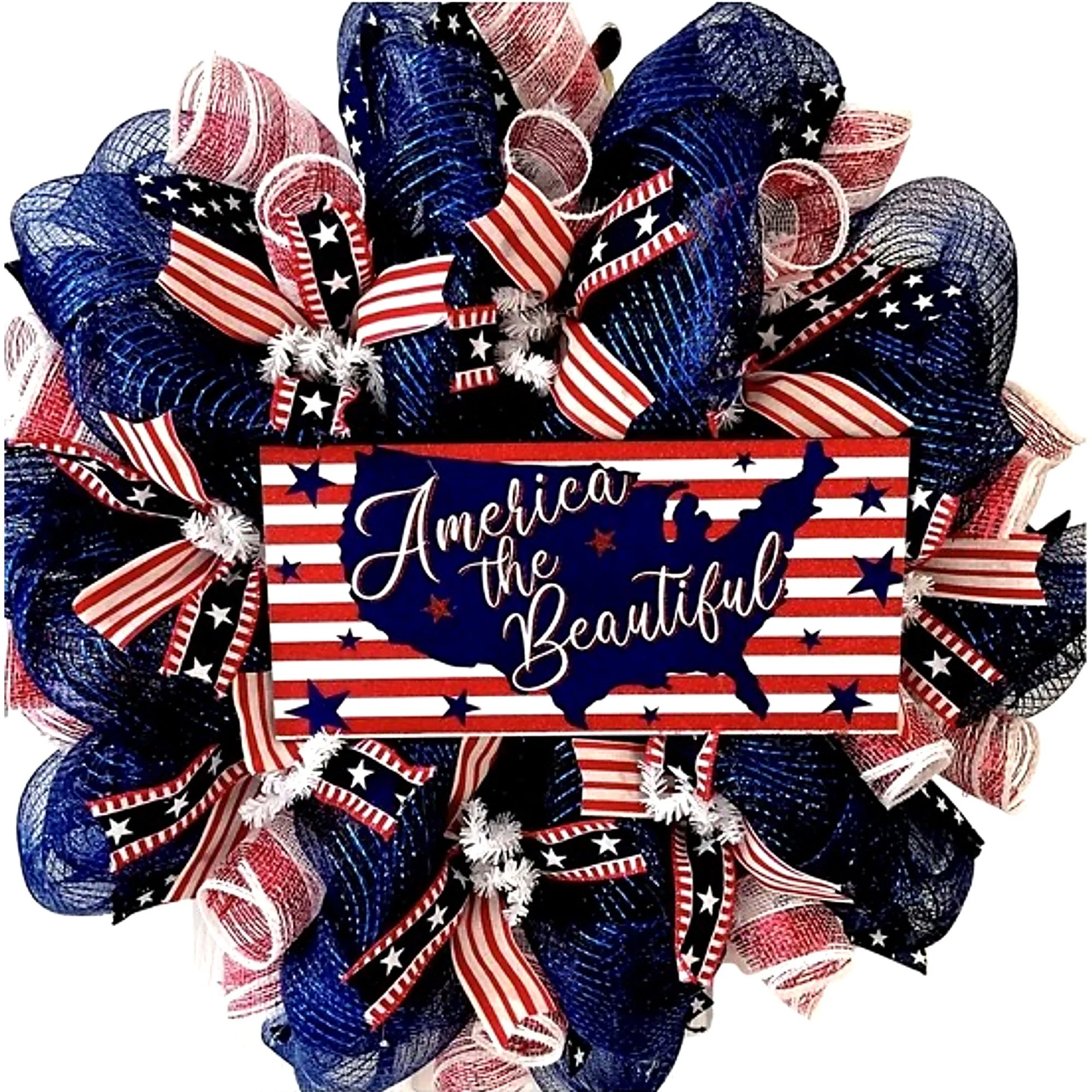 America The Beautiful Stars And Stripes Patriotic Deco Mesh Handmade Wreath