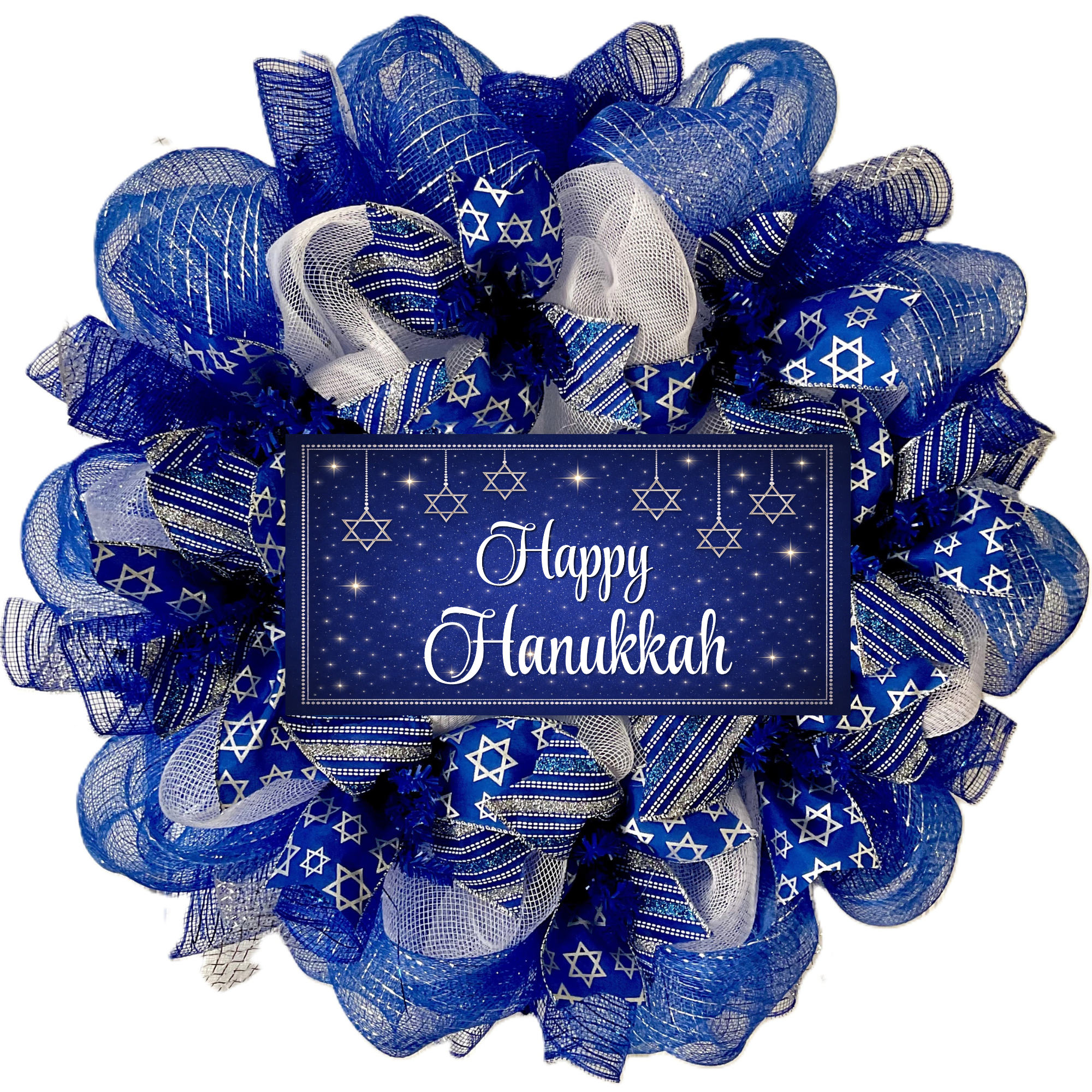 Happy Hanukkah Wreath With Star Of David Ribbons Handmade Deco Mesh 24 inch or 28 in diameters