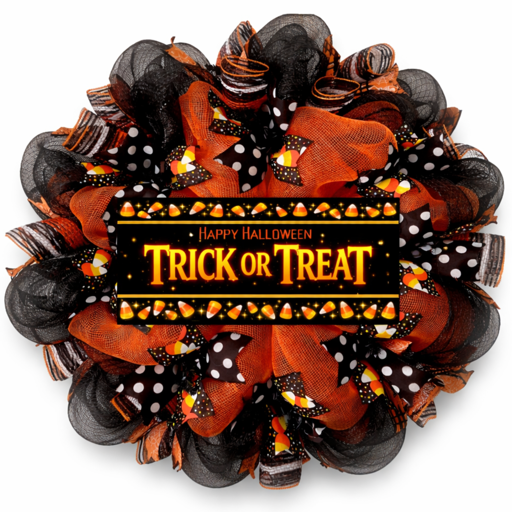 Trick or Treat Candy Corn Halloween Wreath with Bats and Spiders Available in 24 inch and 28 inch diameters