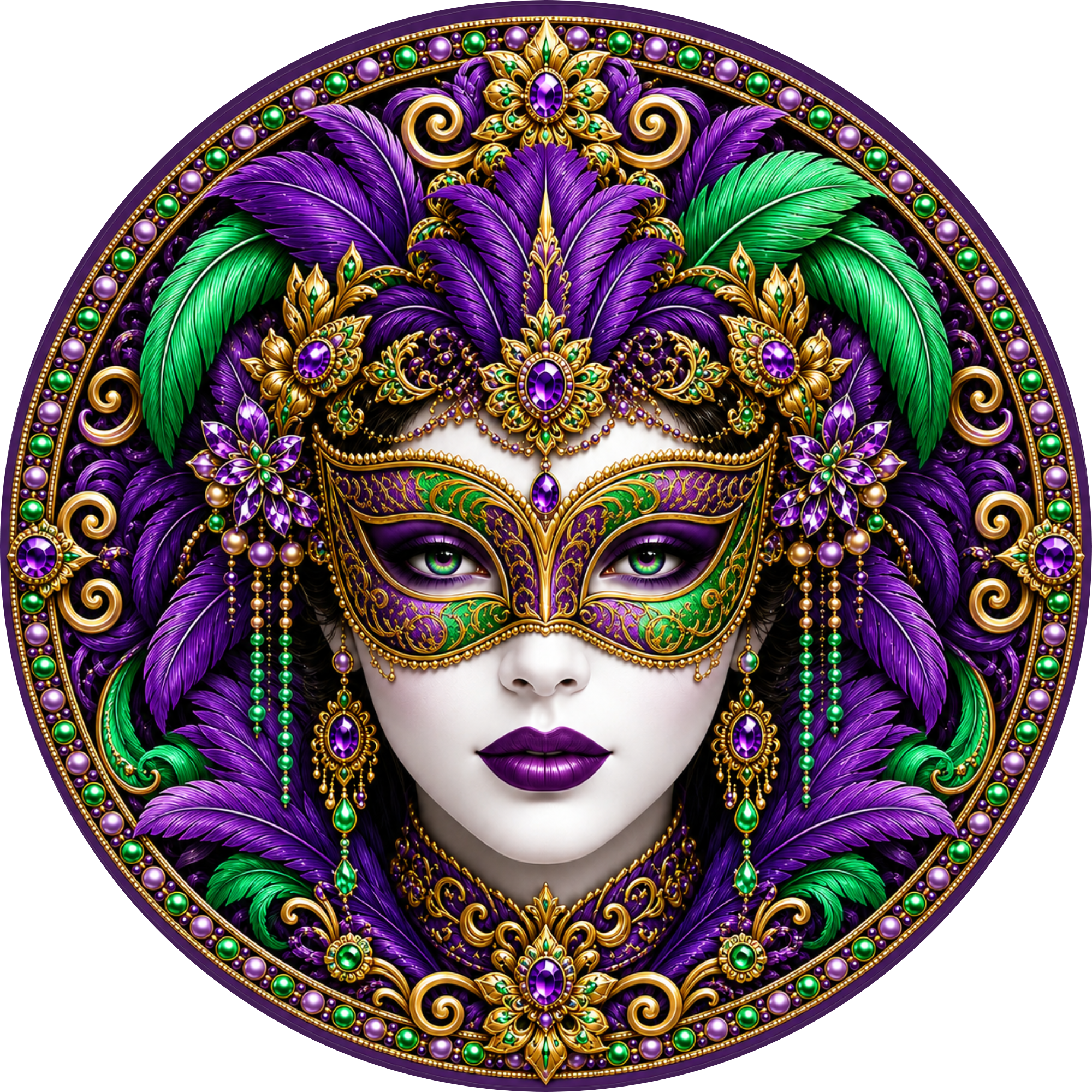 Mardi Gras Woman Wearing Mask Purple Background Sign or Door Hanger