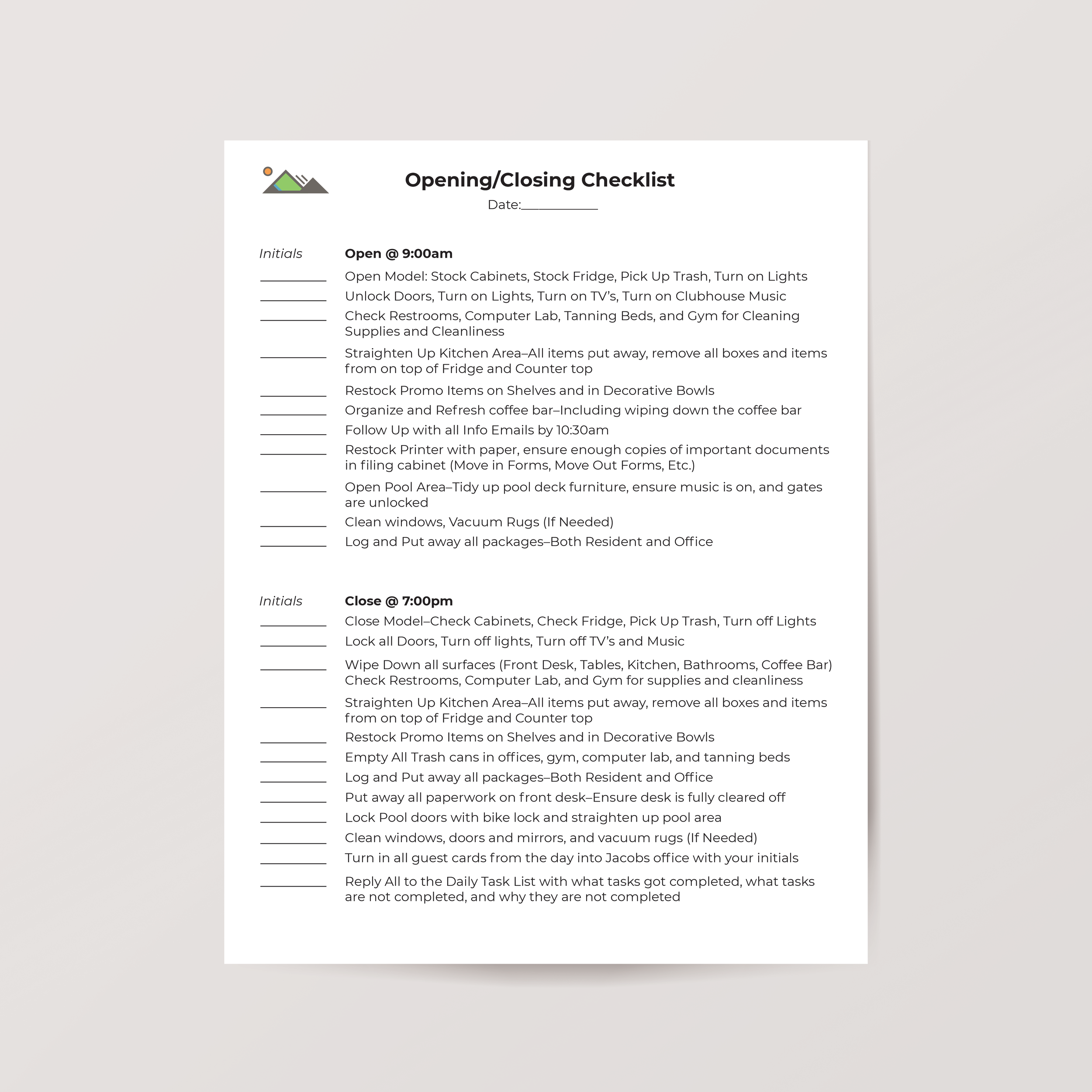 Opening / Closing Checklist