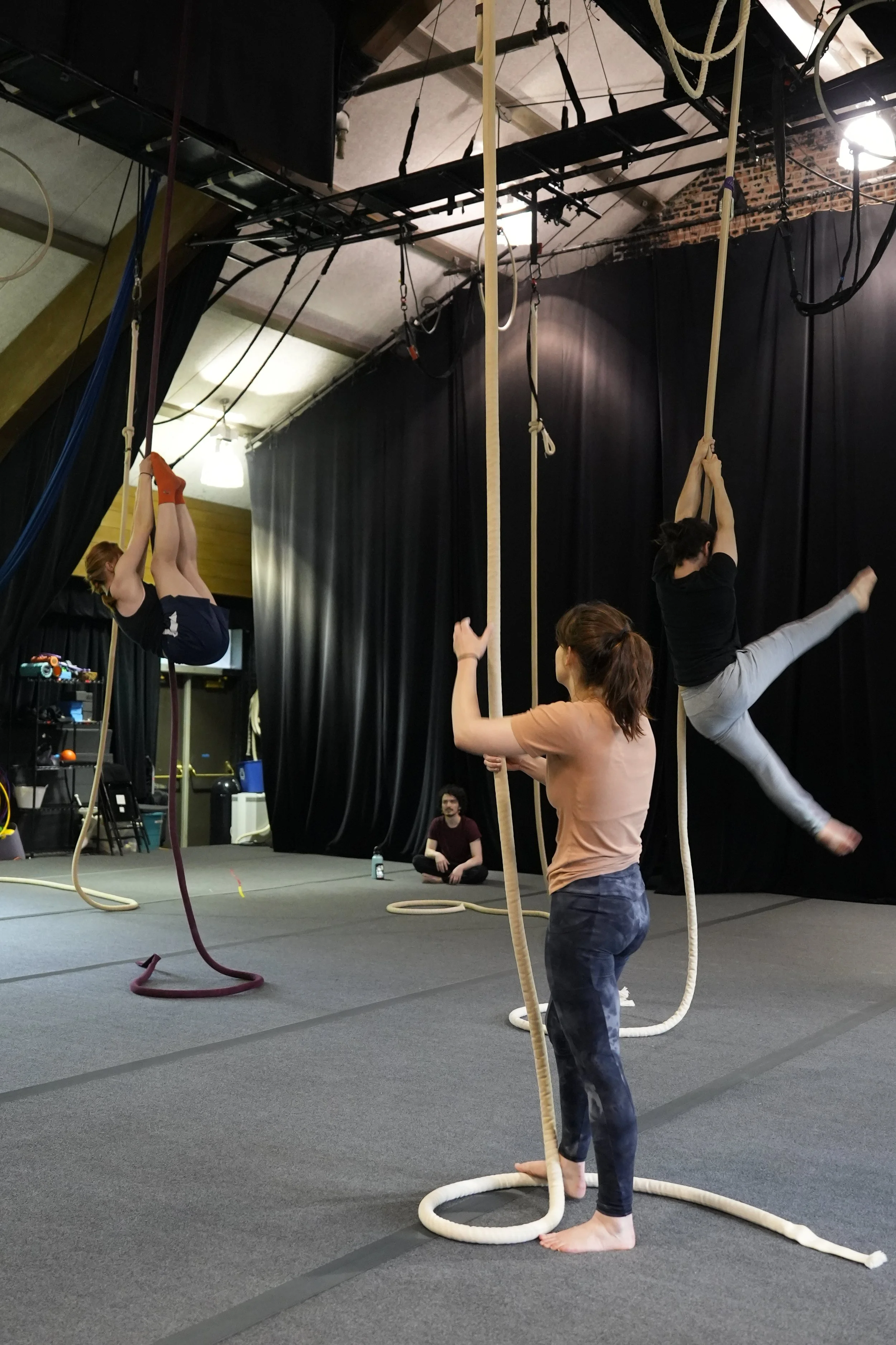 Adult circus students training on aerial equipment at The Actors Gymnasium