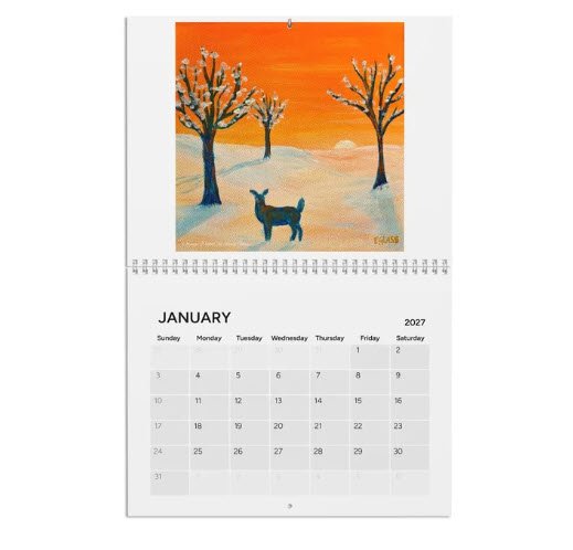Calendar of January 2027 with orange artwork featuring a pine tree and moon