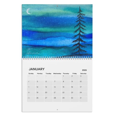 Calendar of January 2026 with blue artwork featuring a pine tree and moon