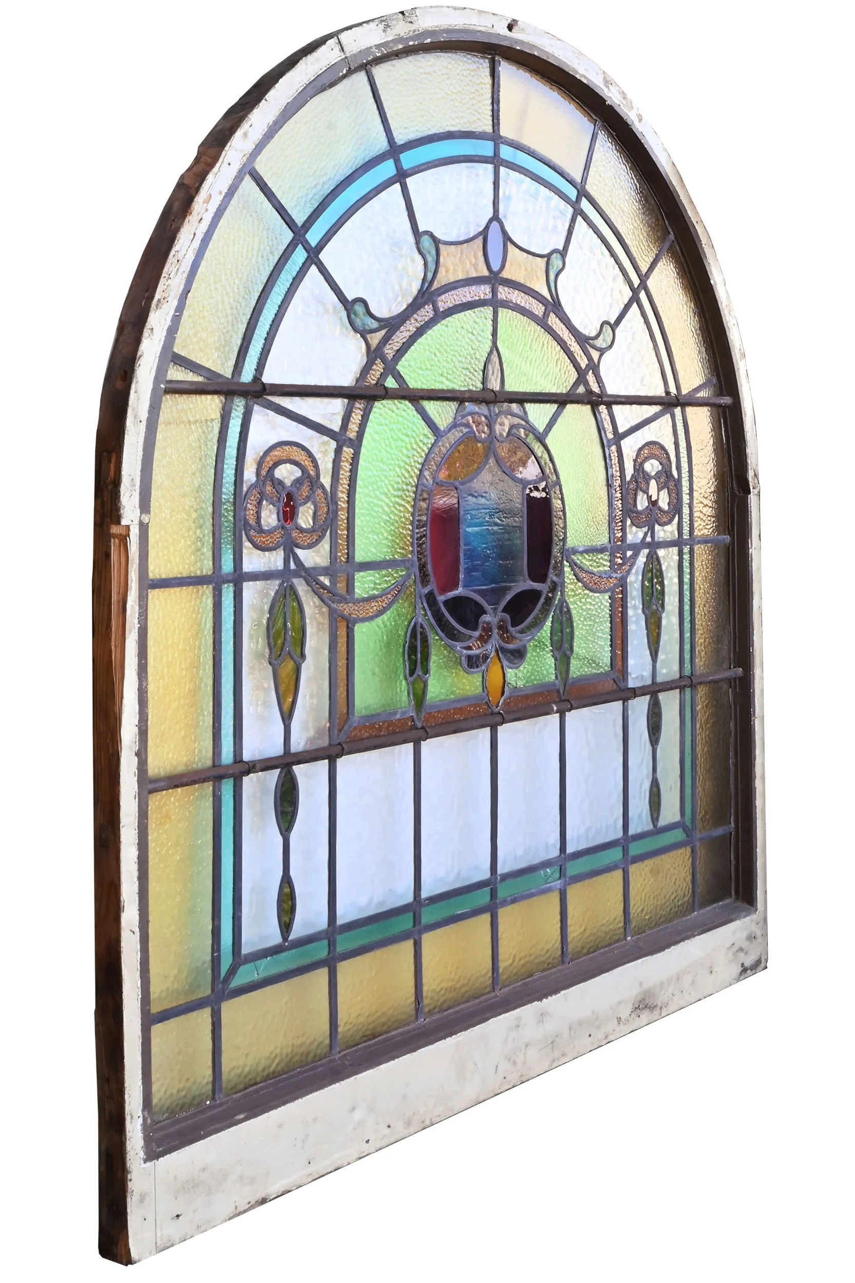 27673 large arched multicolored stained glass window with shield and garland 4.jpg