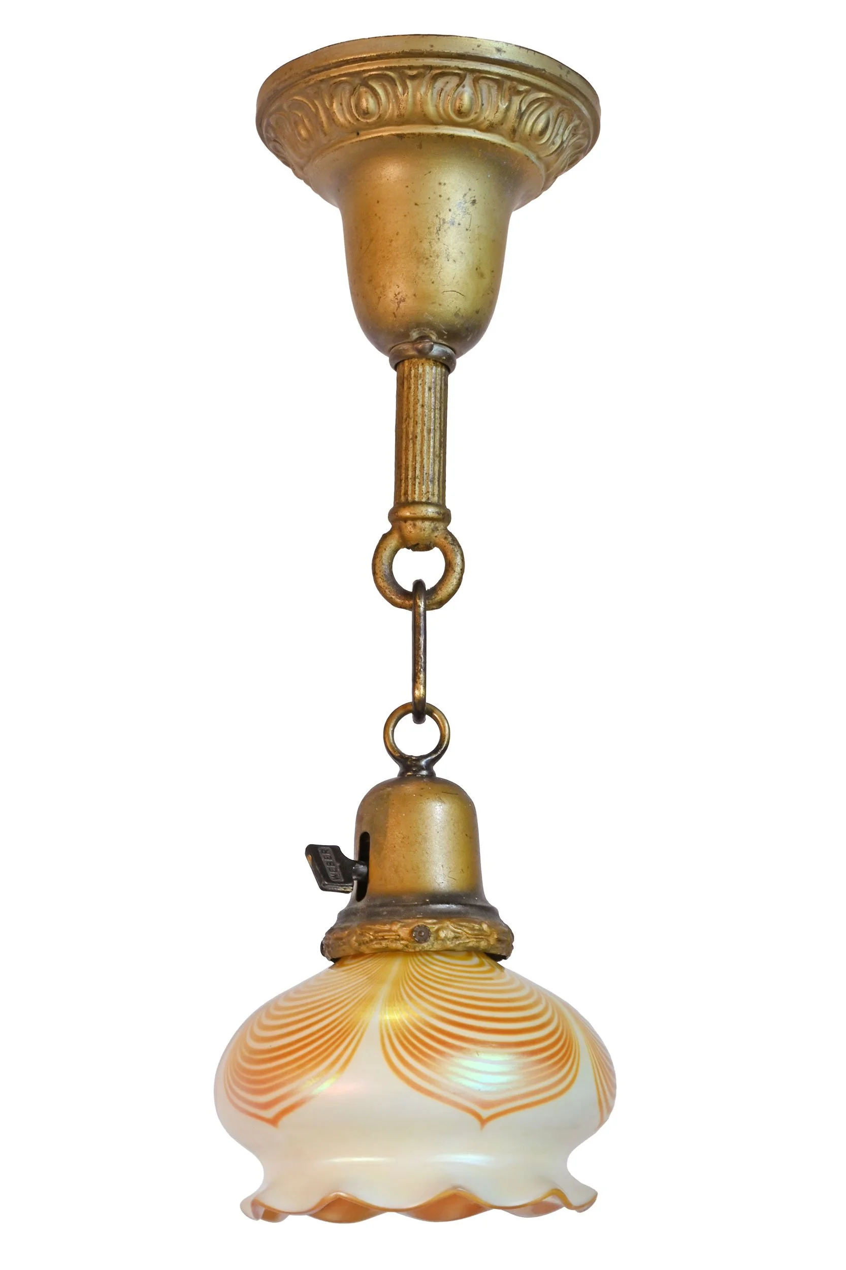 27408 quezal pulled feather shade on brass lambstongue pendant 1.jpg