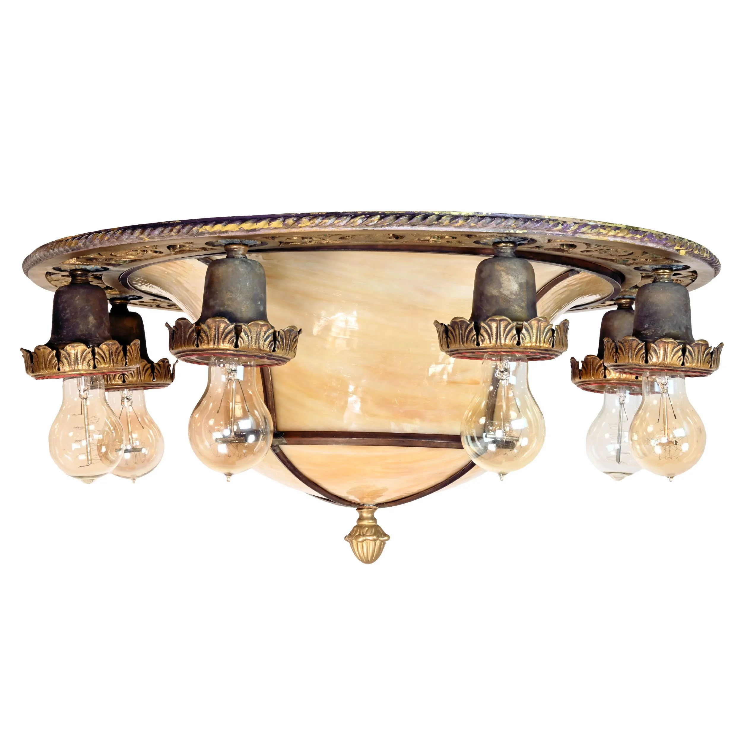 eight light brass flushmount with bent glass shade