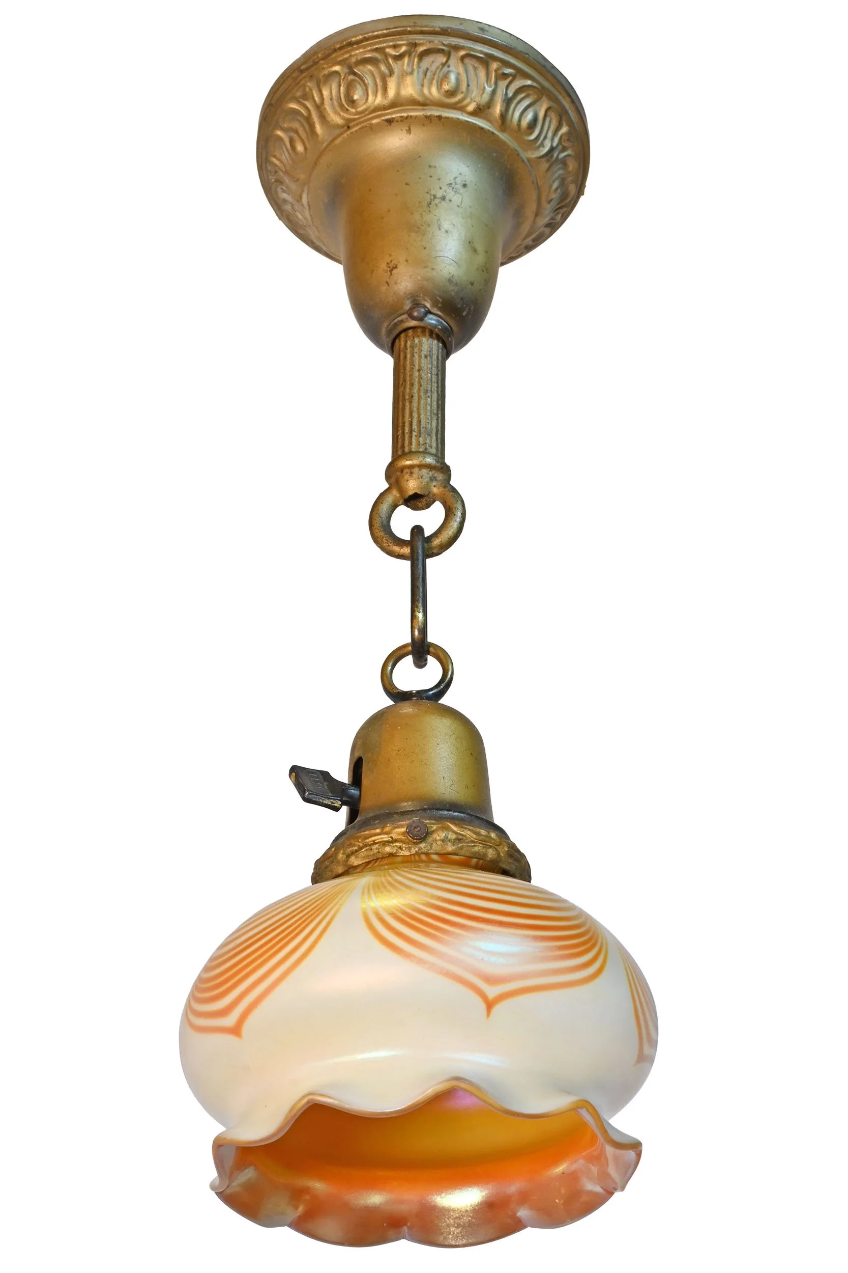 27408 quezal pulled feather shade on brass lambstongue pendant 2.jpg