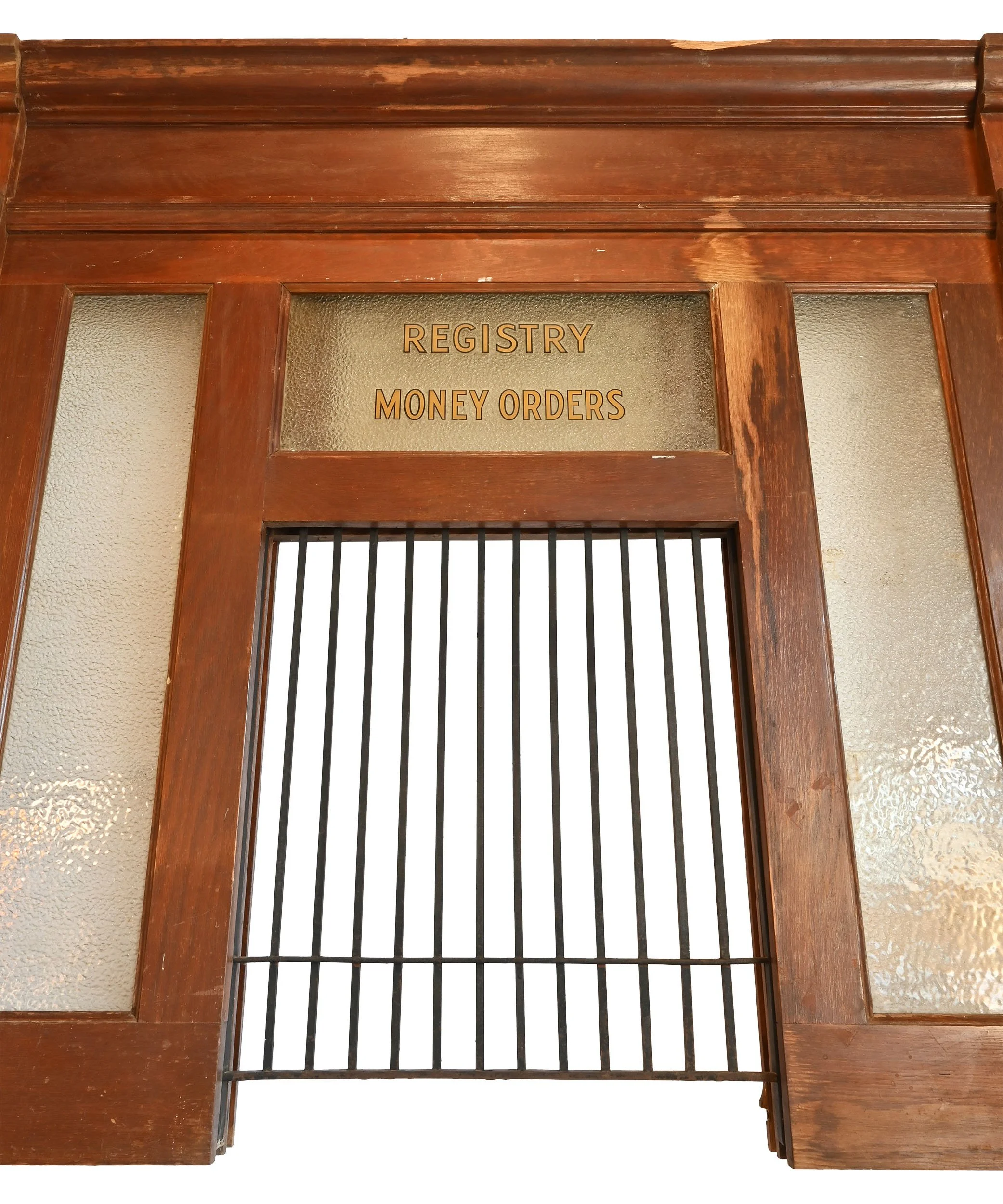 27609 oak post office "registry : money orders" window with retracting cage and textured glass window 1.jpg