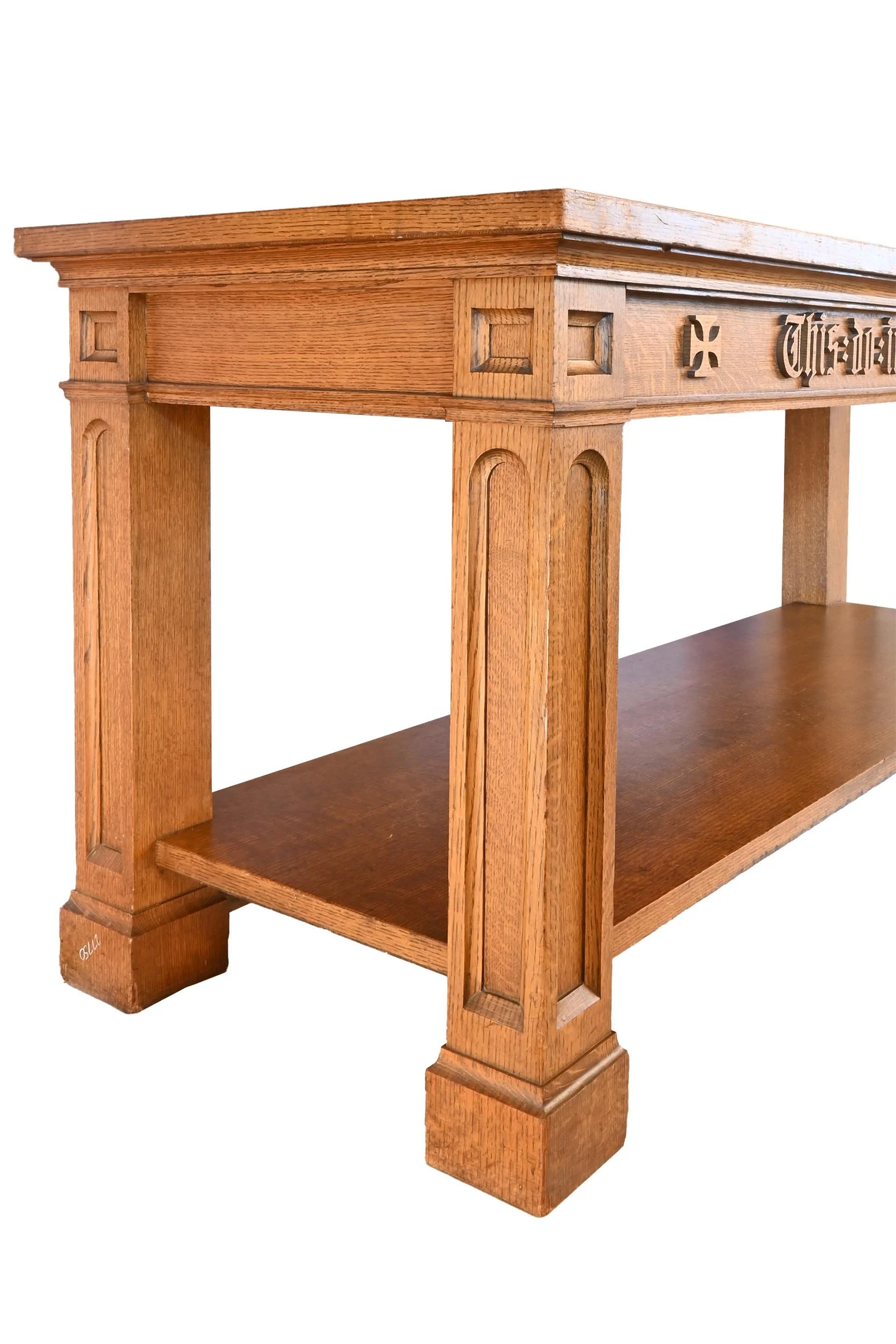 tiger oak table with lower shelf with carved "remembrance" table