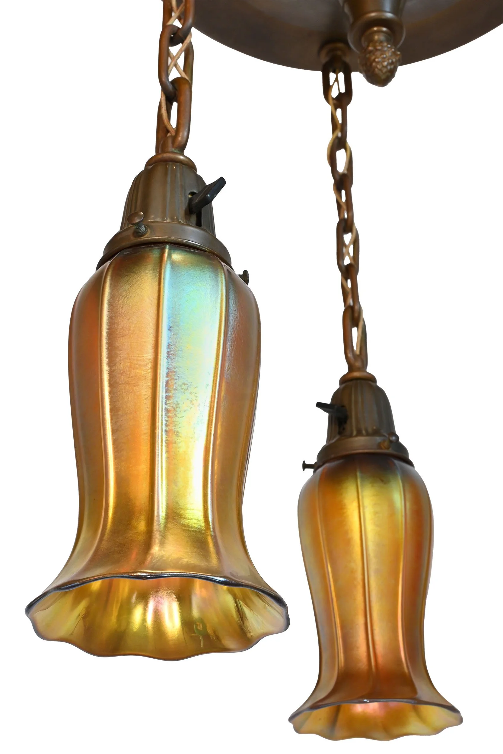 27273 brass three shade flush pan with tall aurene art glass shades 3.jpg