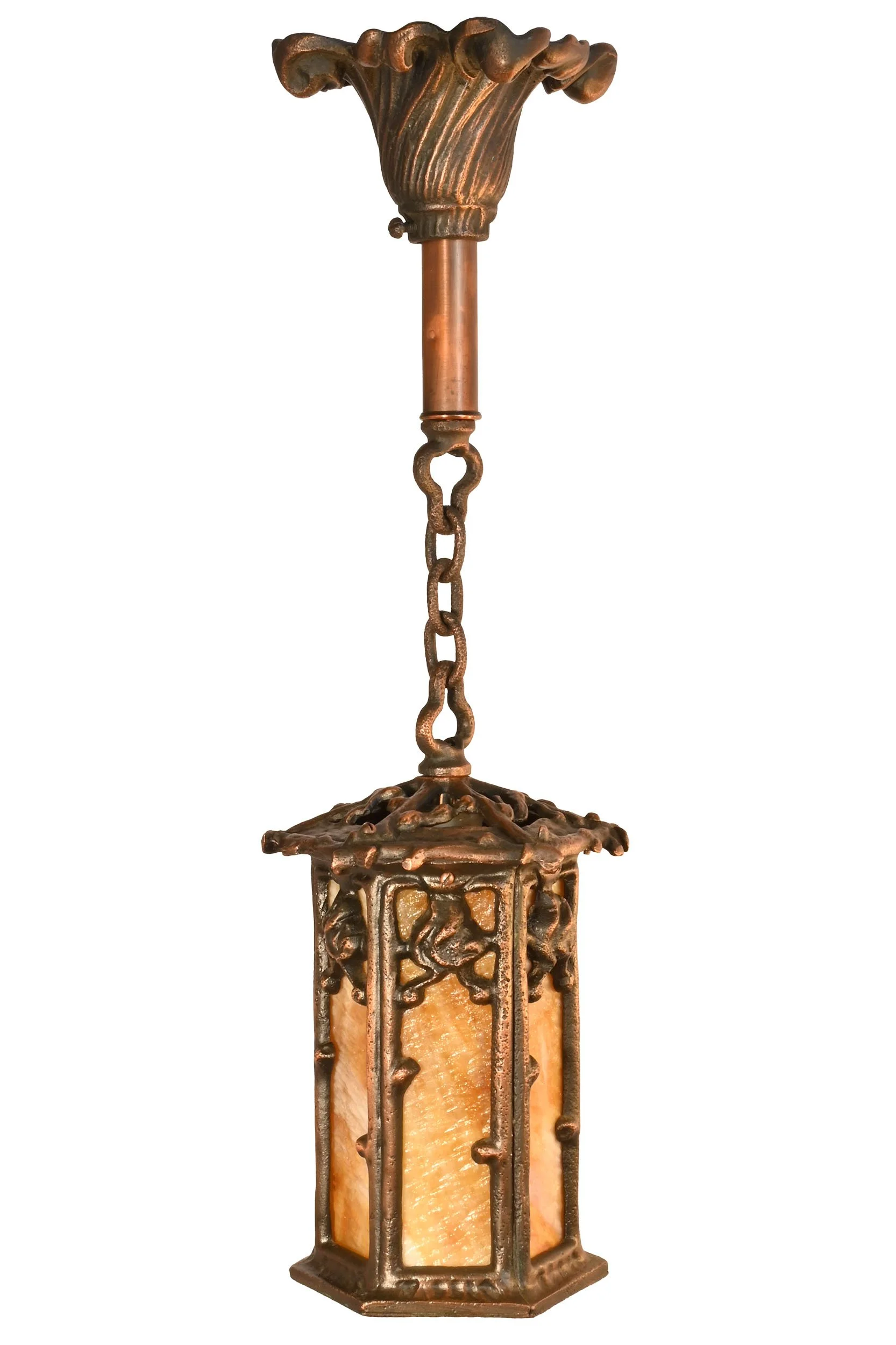 27320 bronze plated cast iron art nouveau caramal slag glass lantern pendant 1.jpg