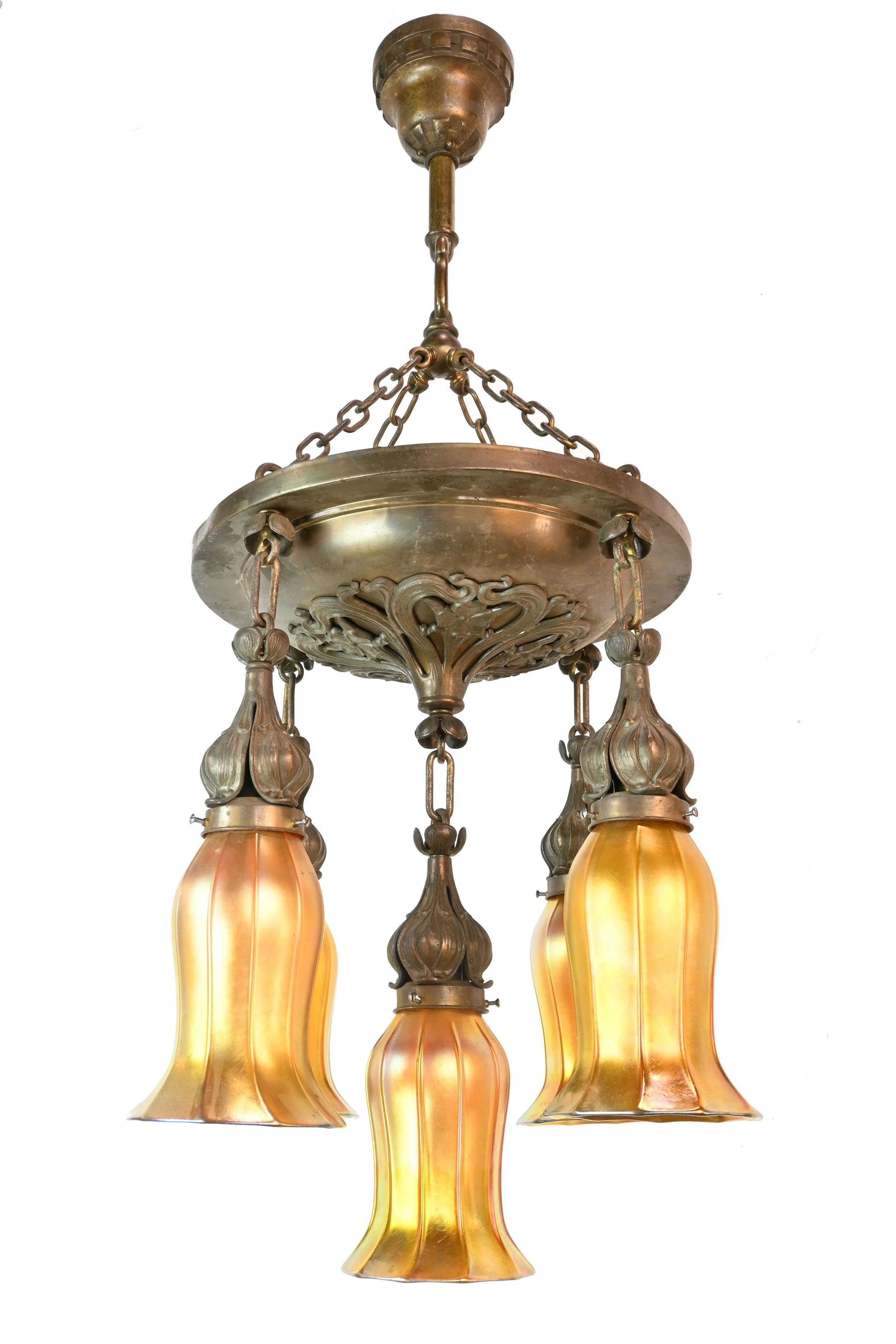 61002-bronze-floral-art-nouveau-chandelier-w-quezal-tall-bell-aurene-shades-1.jpg