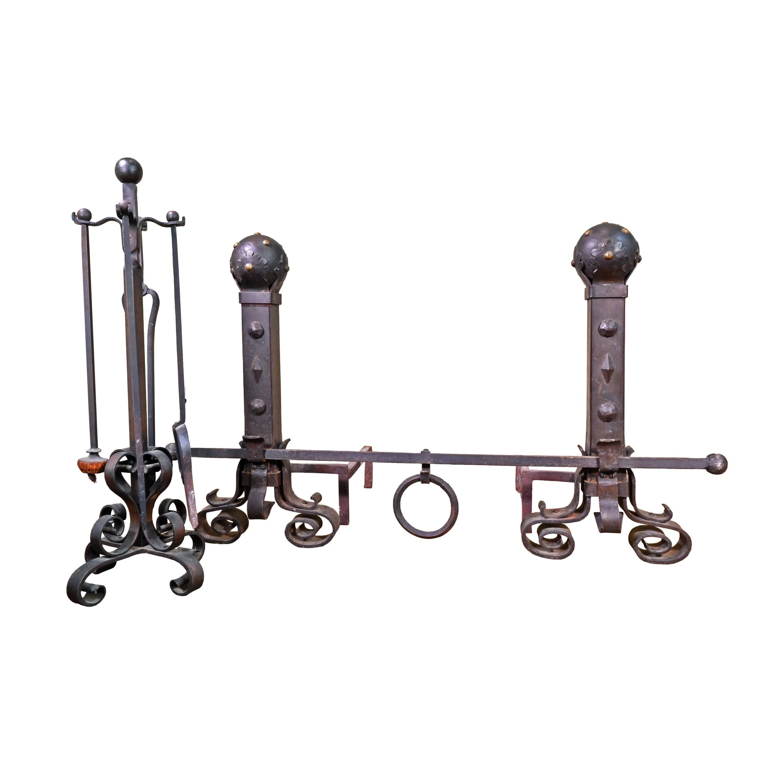 62560+scrolled+iron+andovers+and+matching+rack+of+fireplace+tools+1.jpg