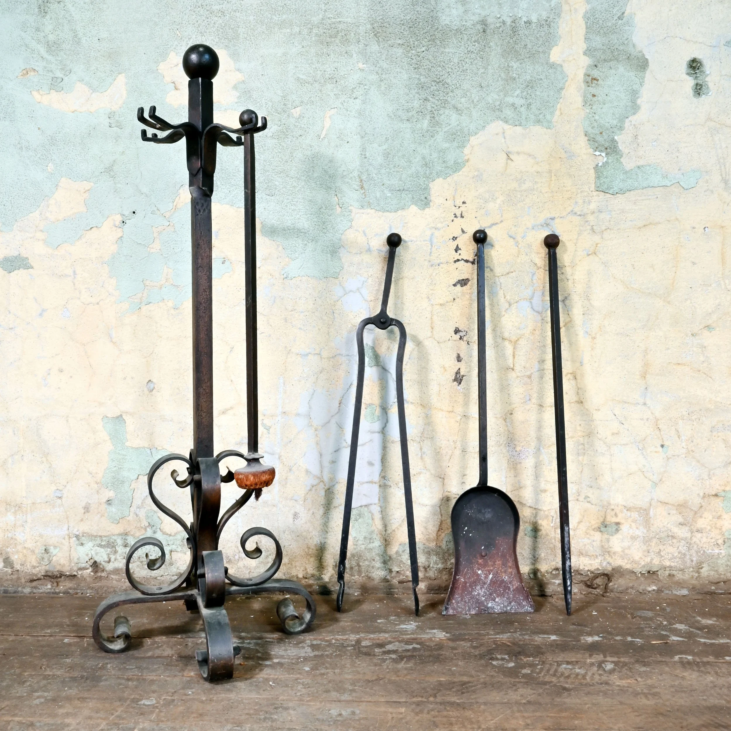 62560+scrolled+iron+andovers+and+matching+rack+of+fireplace+tools+2.jpg