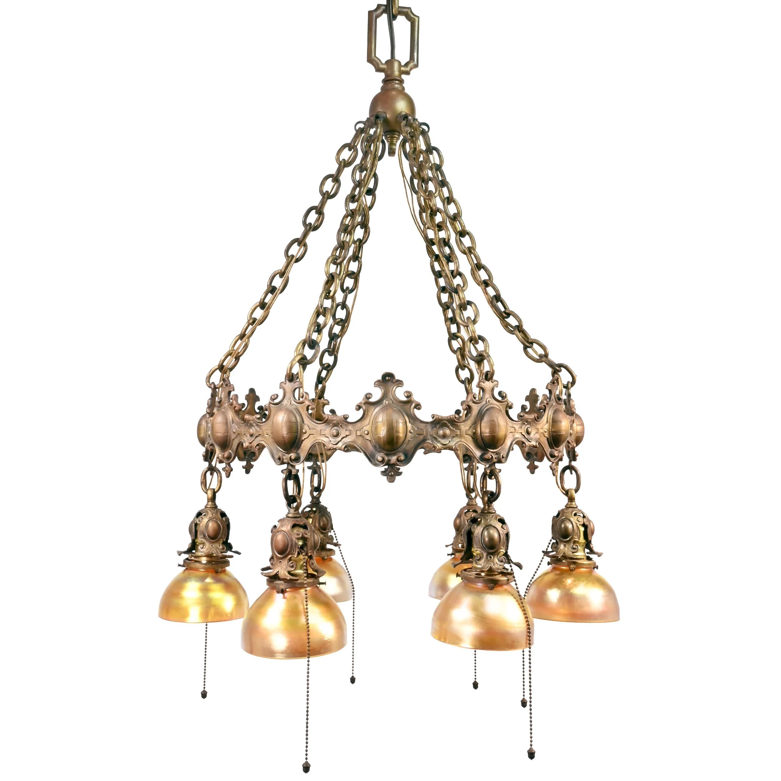 48542+bronze+six+shade+chandelier+with+tiffany+attributed+favrile+glass+shades+1.jpg