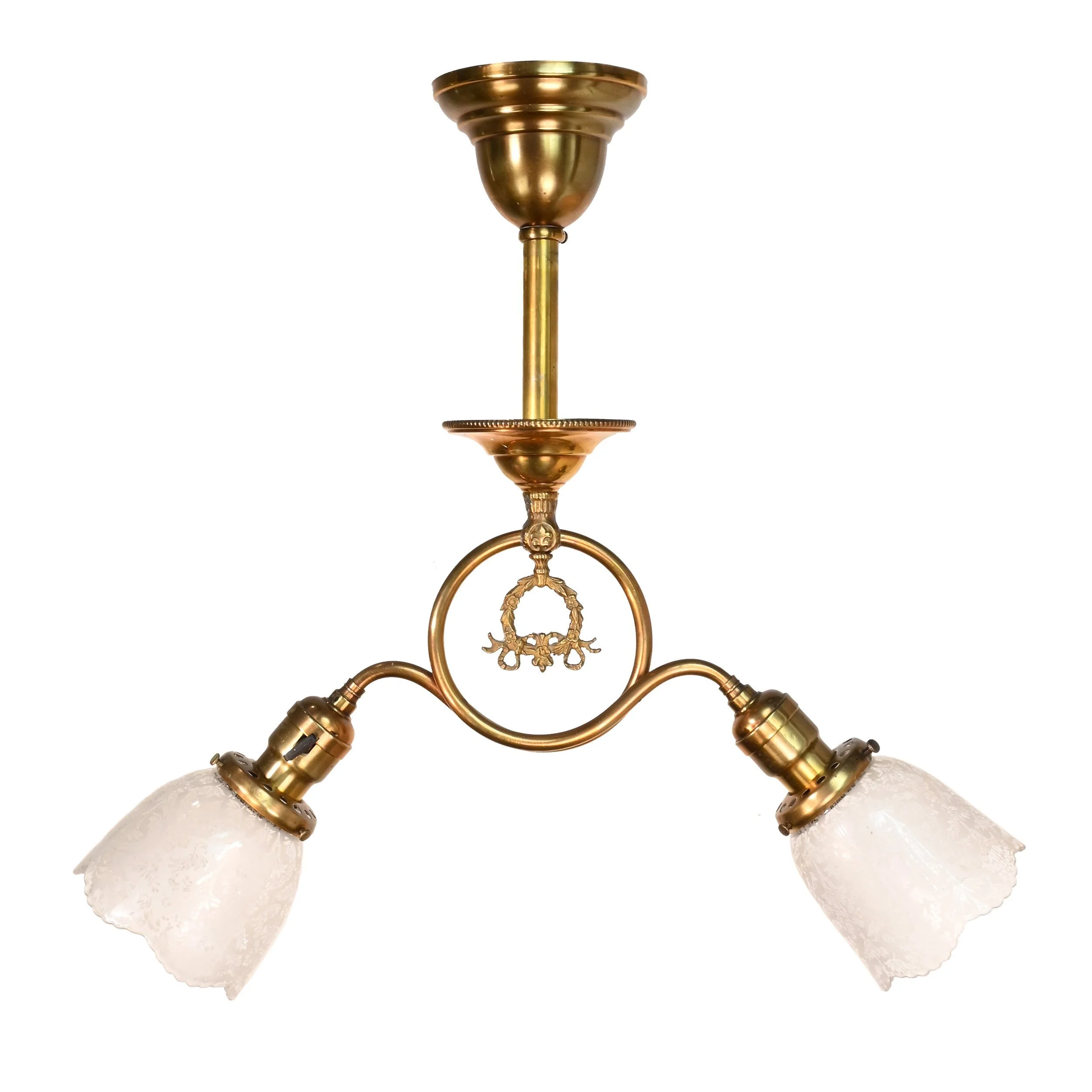62928+early+electric+brass+loop+two+arm+pendant+with+wreath+and+etched+glass+shades+1.jpg